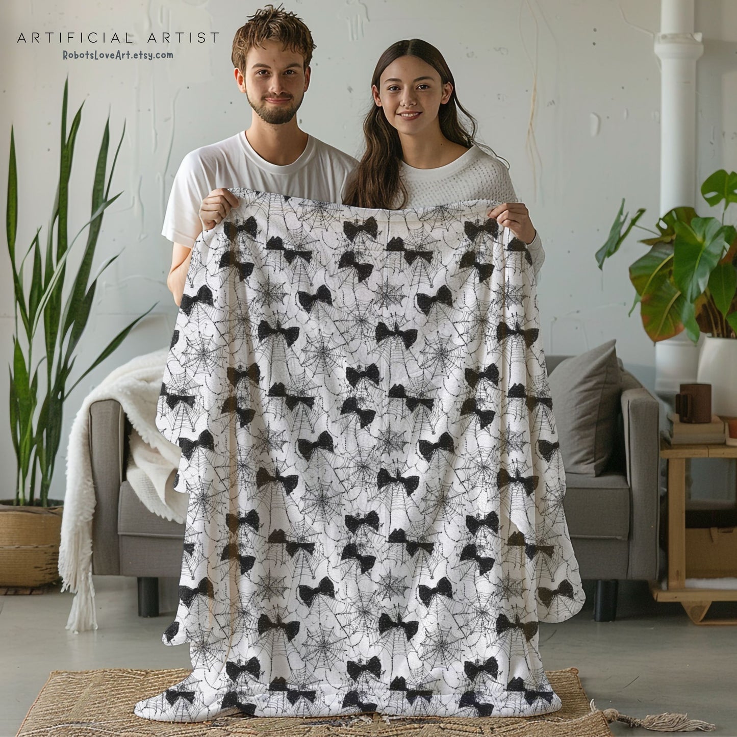 Spiderweb Cozy Velveteen Plush Blanket with Stylish Bow Pattern, Gift for Her, Snuggle Blanket, Halloween Blanket, Warm Throw