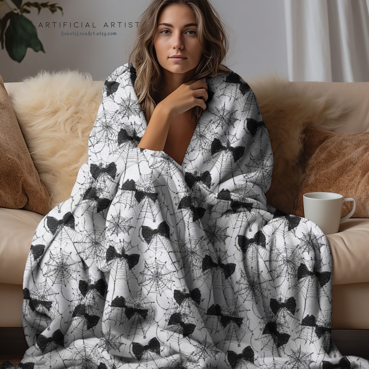 Spiderweb Cozy Velveteen Plush Blanket with Stylish Bow Pattern, Gift for Her, Snuggle Blanket, Halloween Blanket, Warm Throw