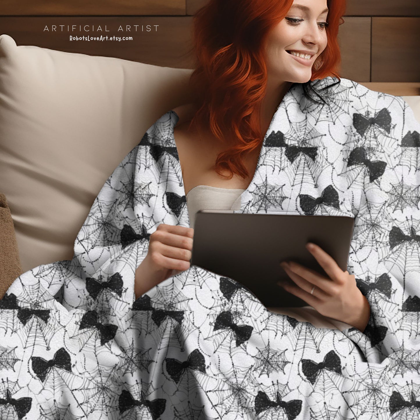 Spiderweb Cozy Velveteen Plush Blanket with Stylish Bow Pattern, Gift for Her, Snuggle Blanket, Halloween Blanket, Warm Throw