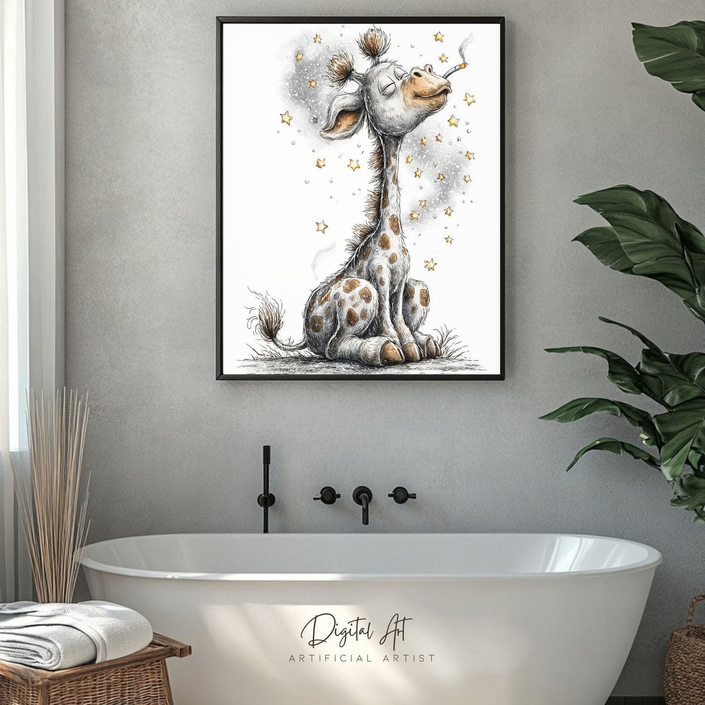 Smoking Giraffe Painting | Instant Download | Digital AI Art | Camel Cigarettes Inspired Wall Art