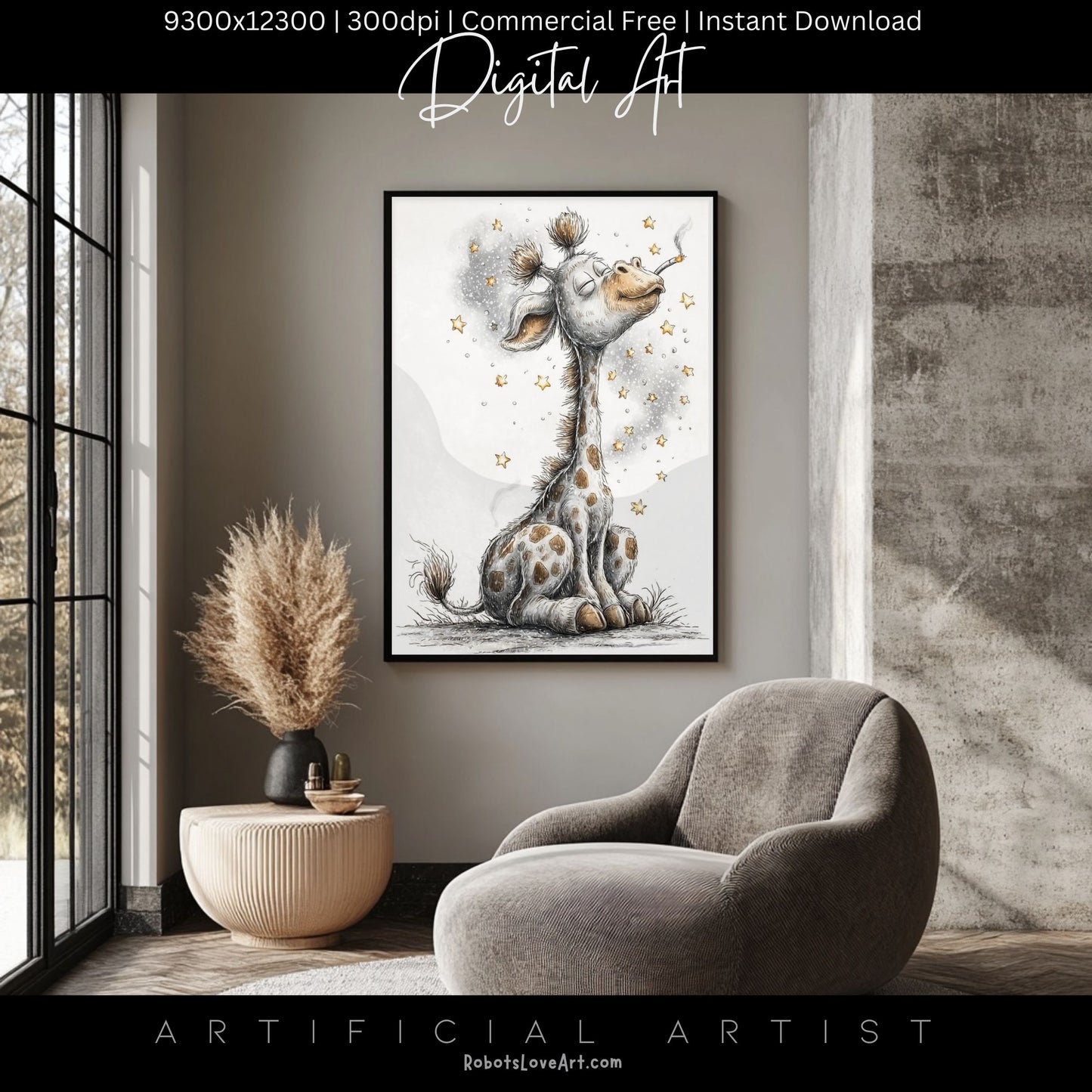 Smoking Giraffe Painting | Instant Download | Digital AI Art | Camel Cigarettes Inspired Wall Art