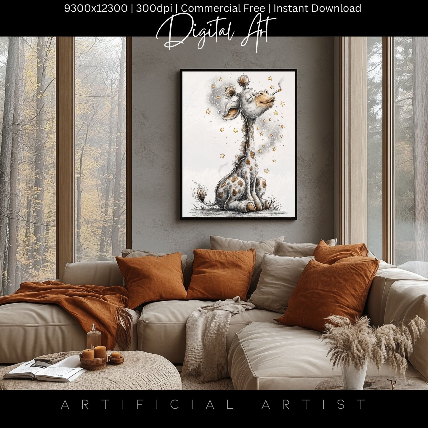 Smoking Giraffe Painting | Instant Download | Digital AI Art | Camel Cigarettes Inspired Wall Art