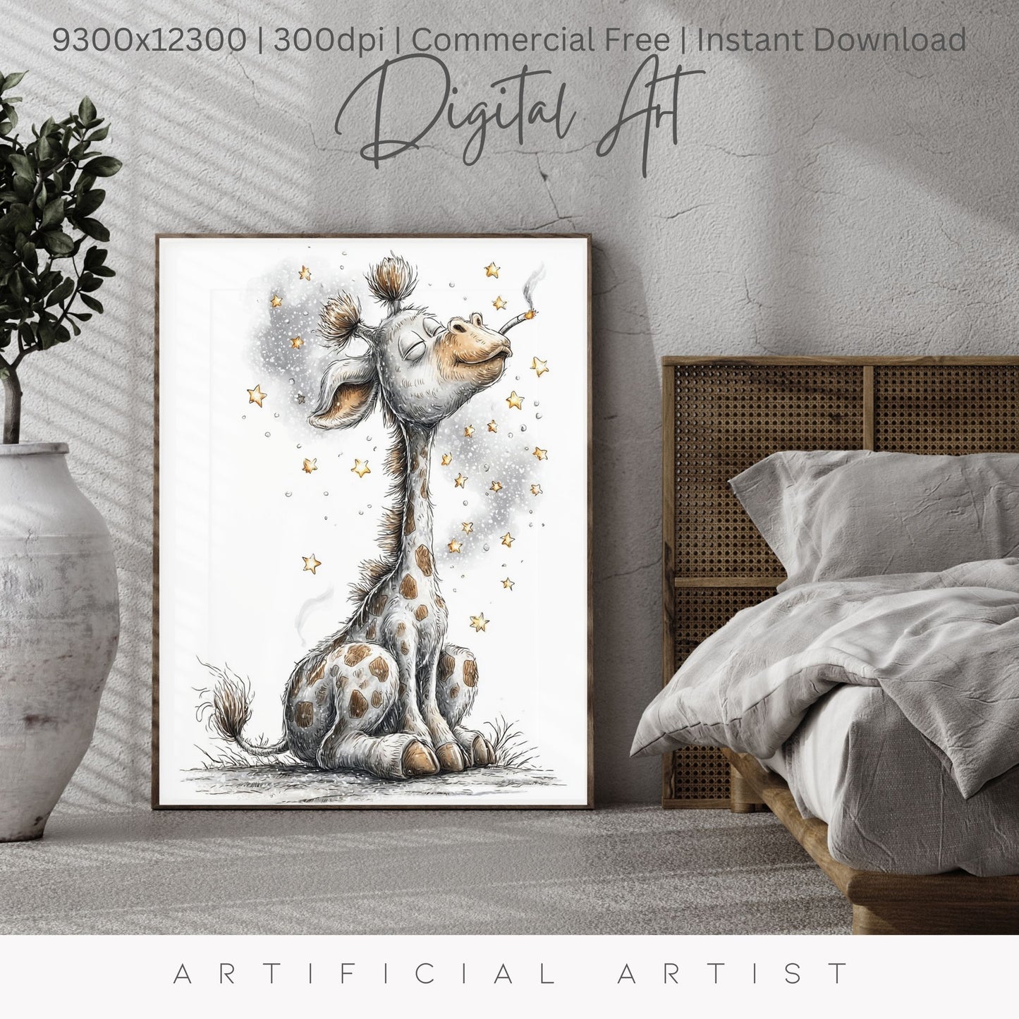Smoking Giraffe Painting | Instant Download | Digital AI Art | Camel Cigarettes Inspired Wall Art