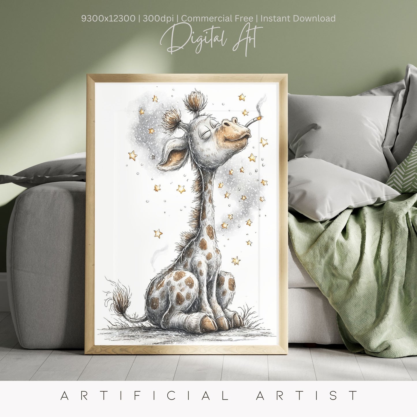Smoking Giraffe Painting | Instant Download | Digital AI Art | Camel Cigarettes Inspired Wall Art
