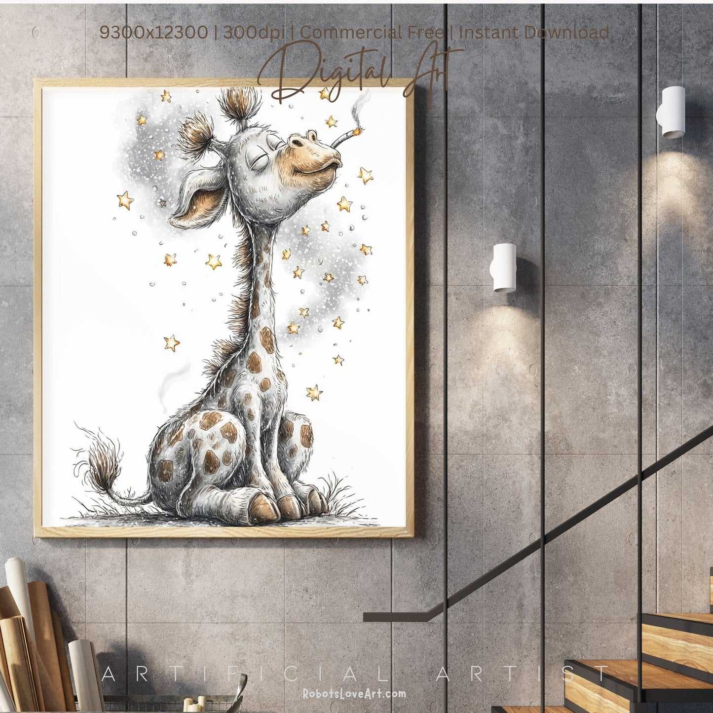 Smoking Giraffe Painting | Instant Download | Digital AI Art | Camel Cigarettes Inspired Wall Art