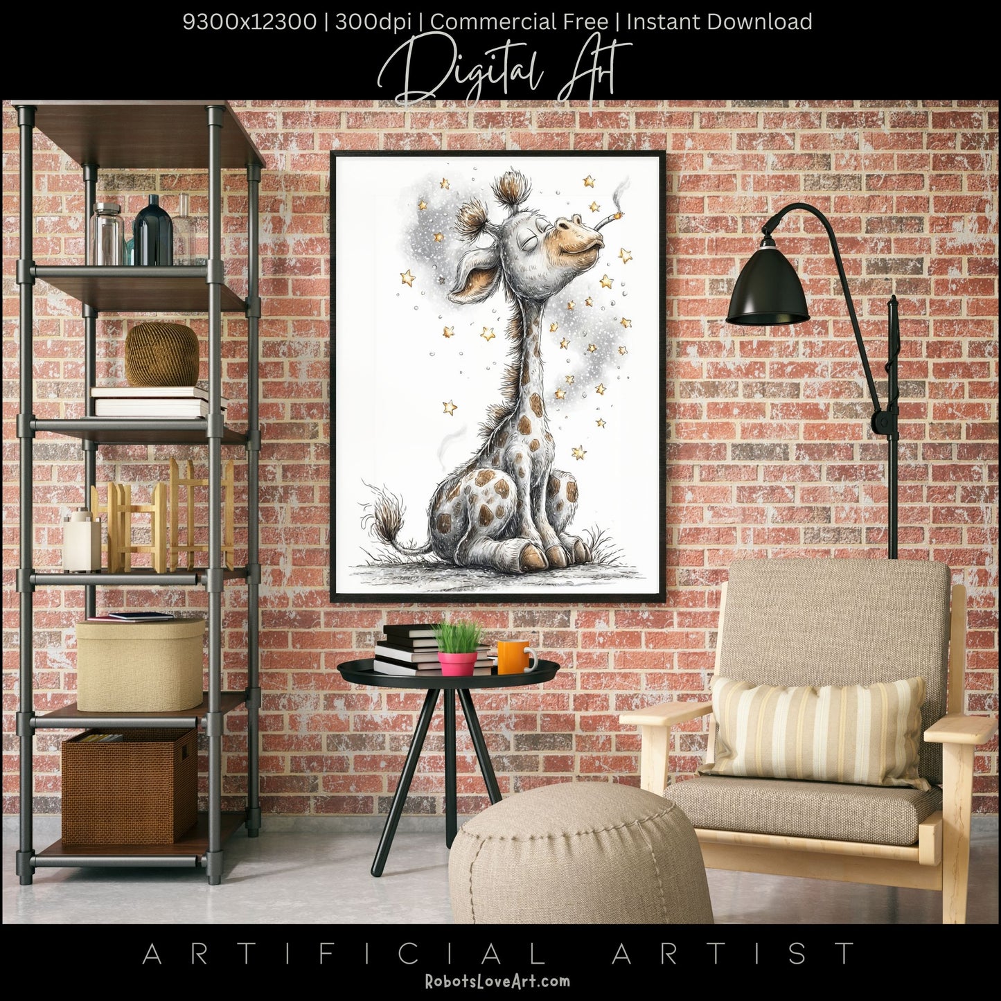 Smoking Giraffe Painting | Instant Download | Digital AI Art | Camel Cigarettes Inspired Wall Art