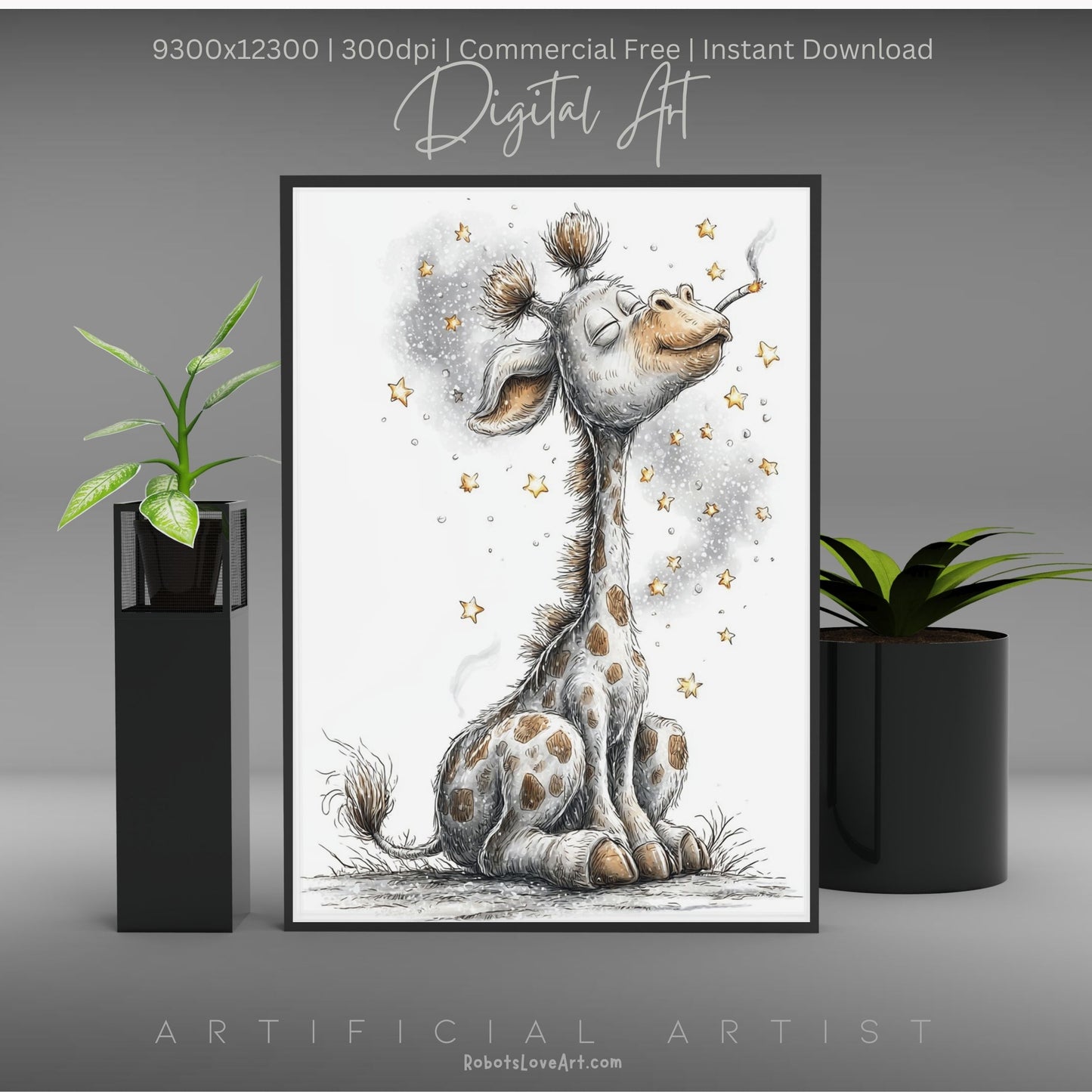 Smoking Giraffe Painting | Instant Download | Digital AI Art | Camel Cigarettes Inspired Wall Art