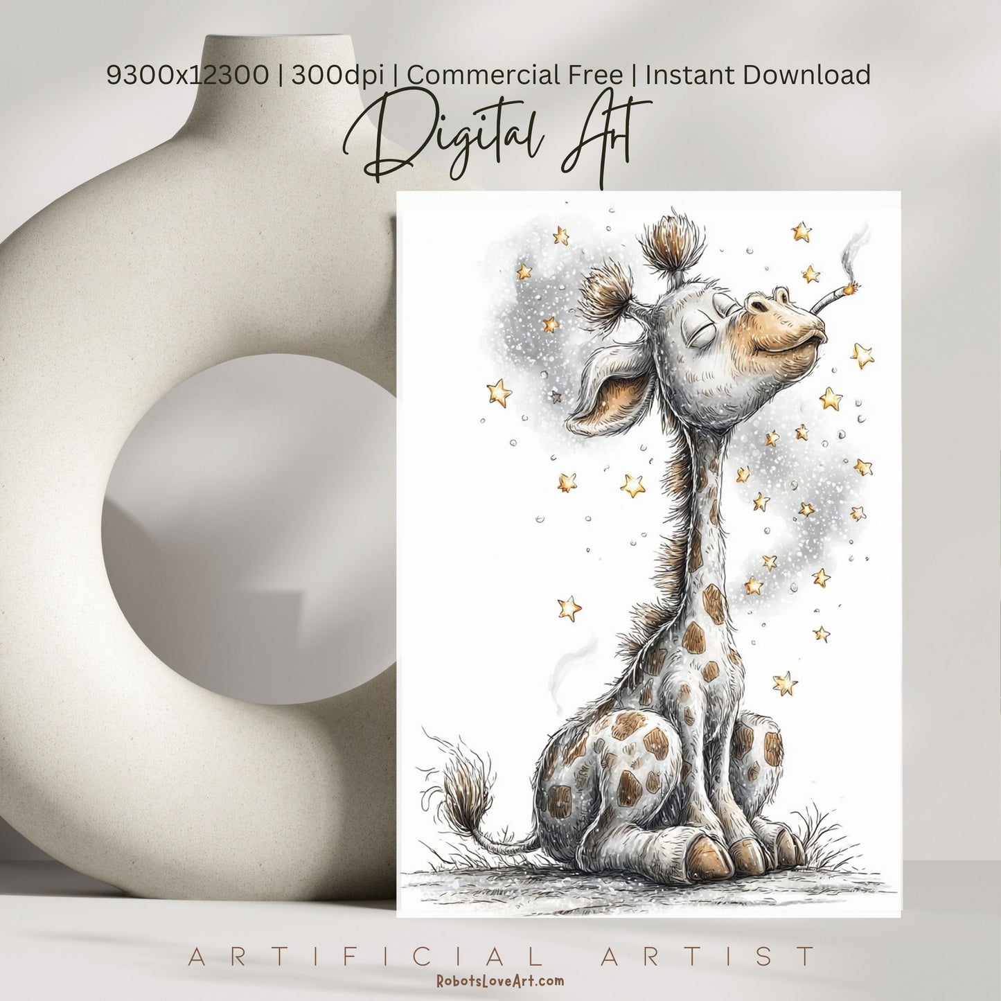 Smoking Giraffe Painting | Instant Download | Digital AI Art | Camel Cigarettes Inspired Wall Art