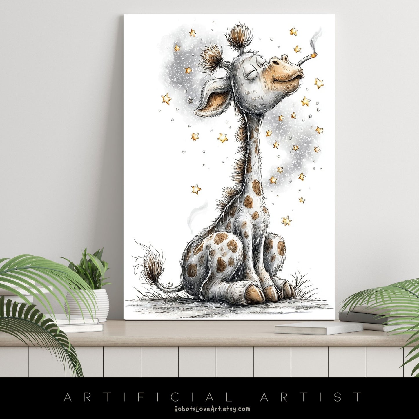 Smoking Giraffe Painting | Instant Download | Digital AI Art | Camel Cigarettes Inspired Wall Art