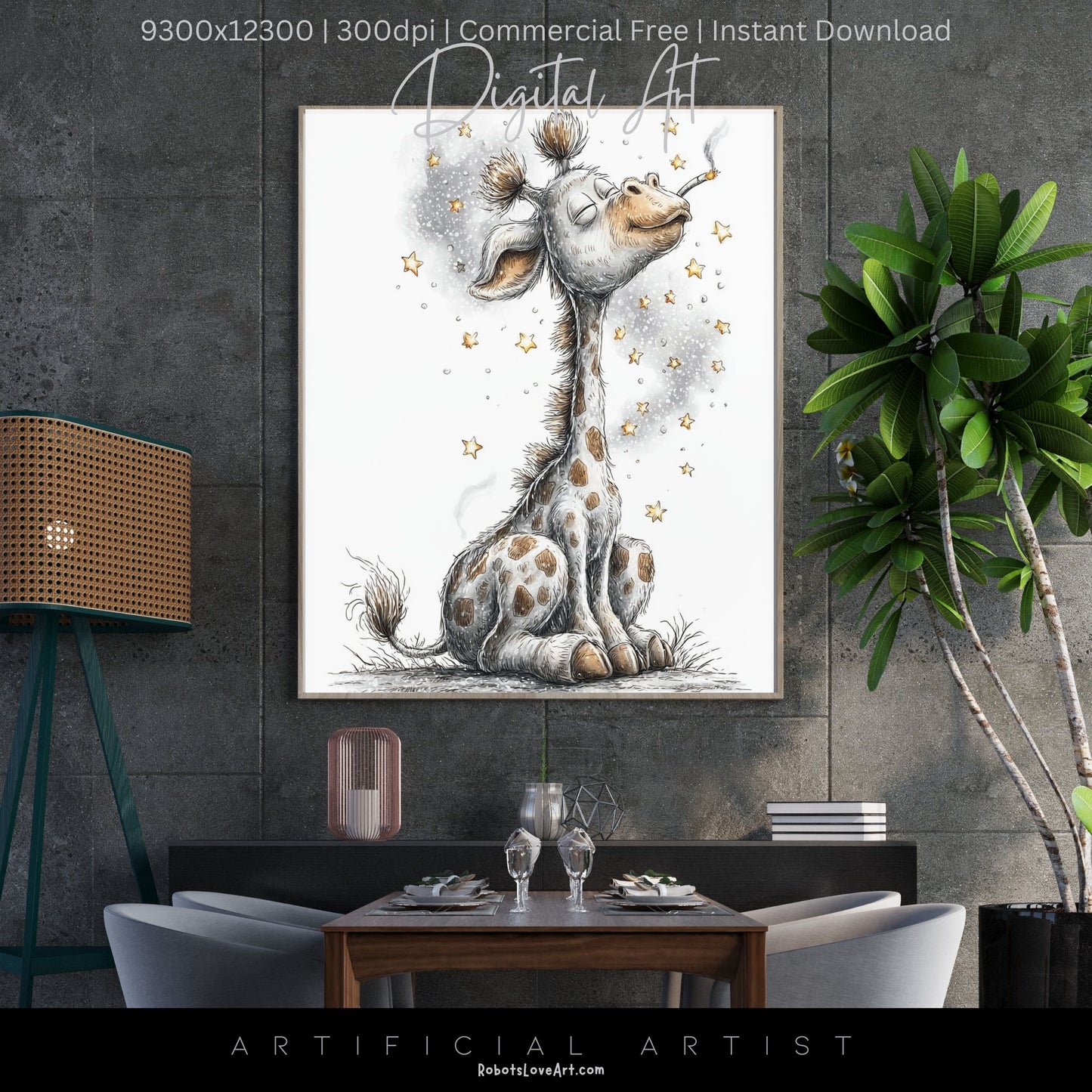 Smoking Giraffe Painting | Instant Download | Digital AI Art | Camel Cigarettes Inspired Wall Art