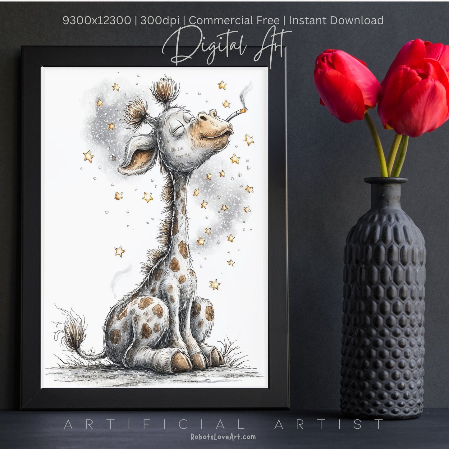 Smoking Giraffe Painting | Instant Download | Digital AI Art | Camel Cigarettes Inspired Wall Art