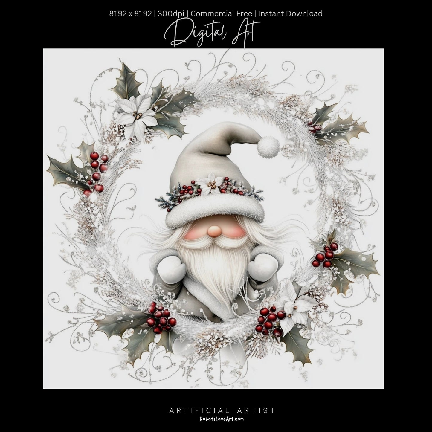 Christmas Gnome Decor| Instant Download | Digital AI Art | Fantasy White Christmas Wall Art