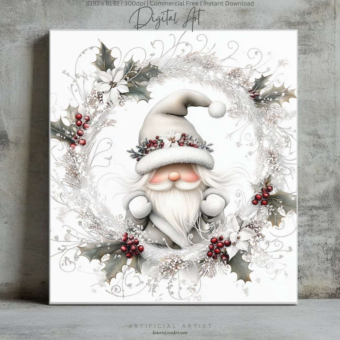Christmas Gnome Decor| Instant Download | Digital AI Art | Fantasy White Christmas Wall Art