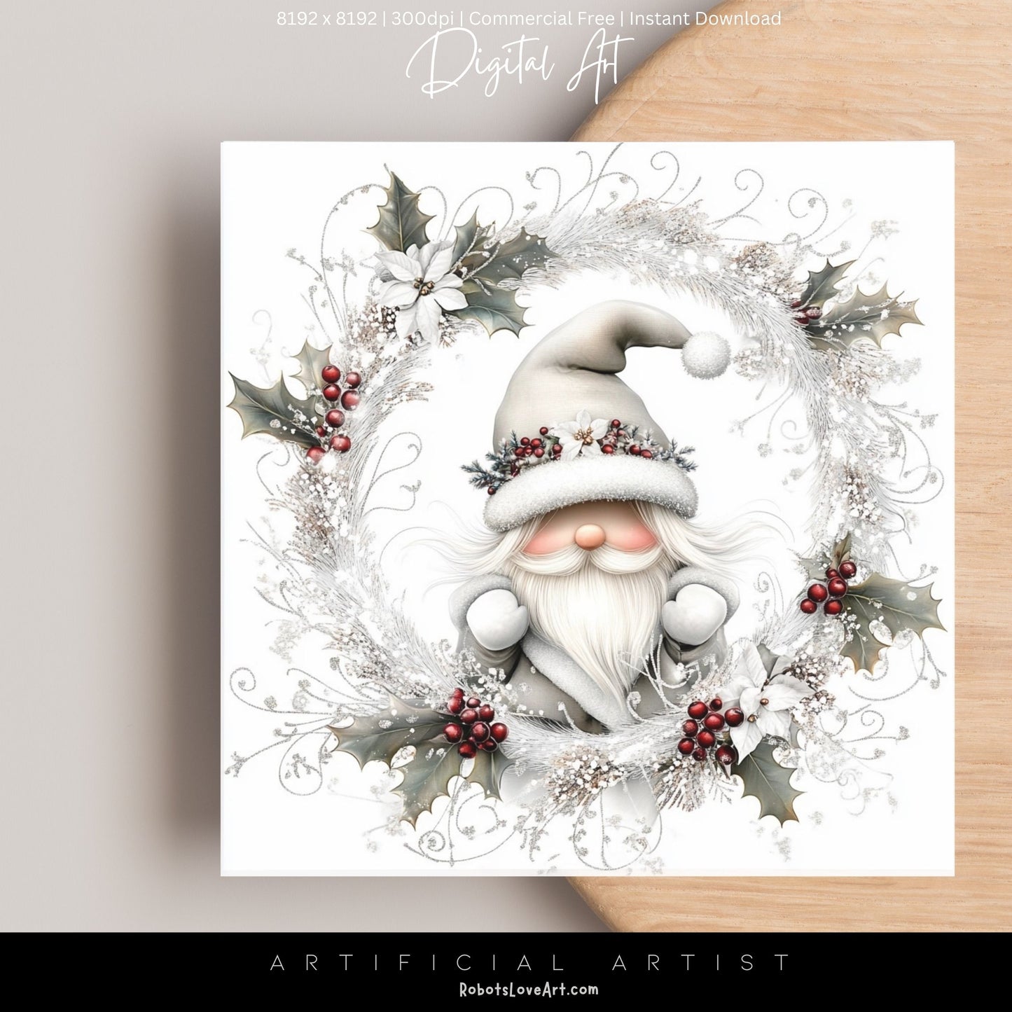 Christmas Gnome Decor| Instant Download | Digital AI Art | Fantasy White Christmas Wall Art