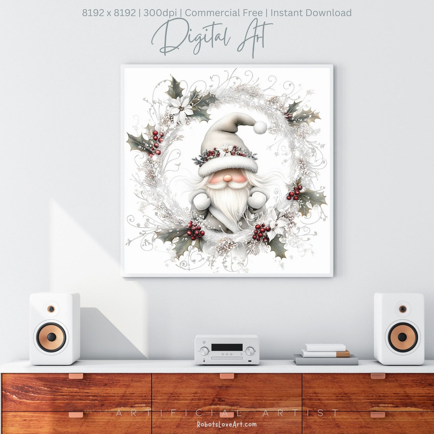 Christmas Gnome Decor| Instant Download | Digital AI Art | Fantasy White Christmas Wall Art