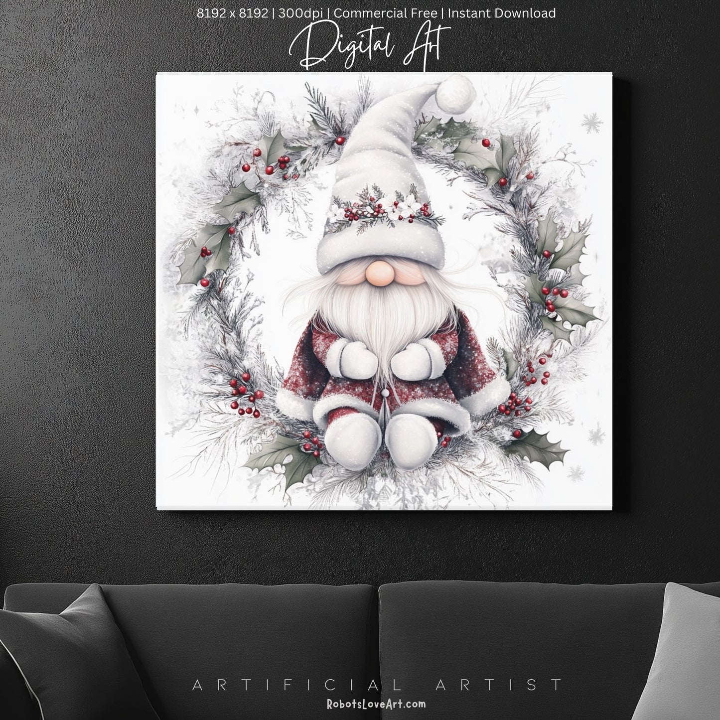 Christmas Gnome Decor| Instant Download | Digital AI Art | Fantasy White Christmas Wall Art