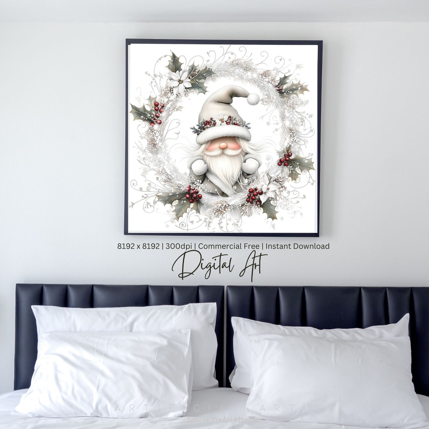 Christmas Gnome Decor| Instant Download | Digital AI Art | Fantasy White Christmas Wall Art