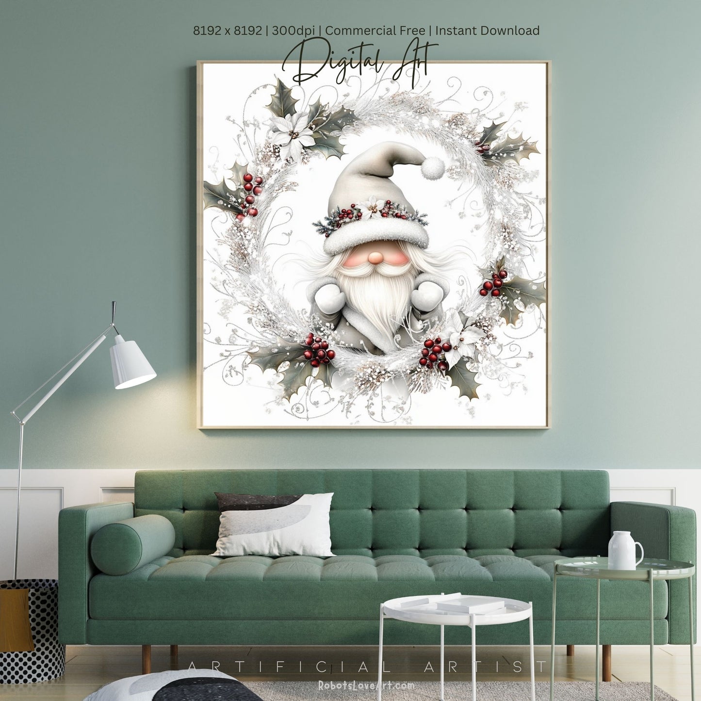 Christmas Gnome Decor| Instant Download | Digital AI Art | Fantasy White Christmas Wall Art