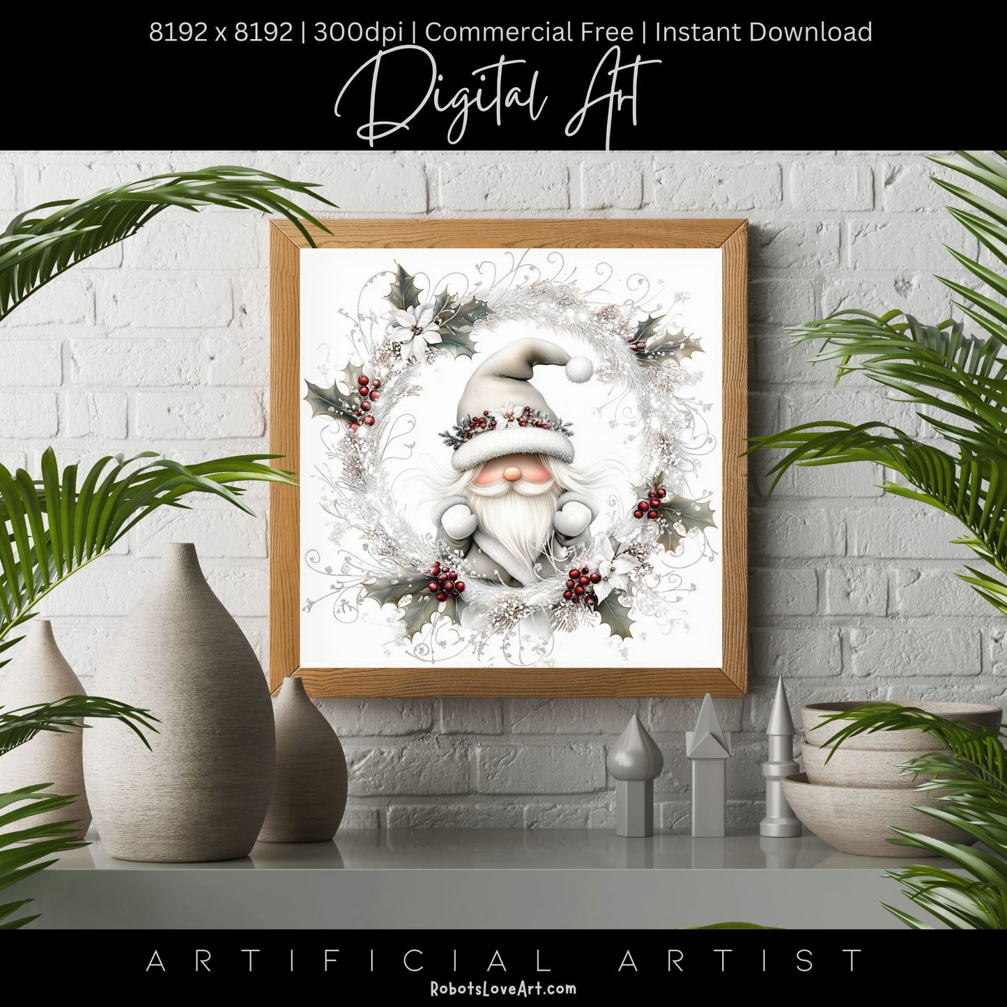 Christmas Gnome Decor| Instant Download | Digital AI Art | Fantasy White Christmas Wall Art