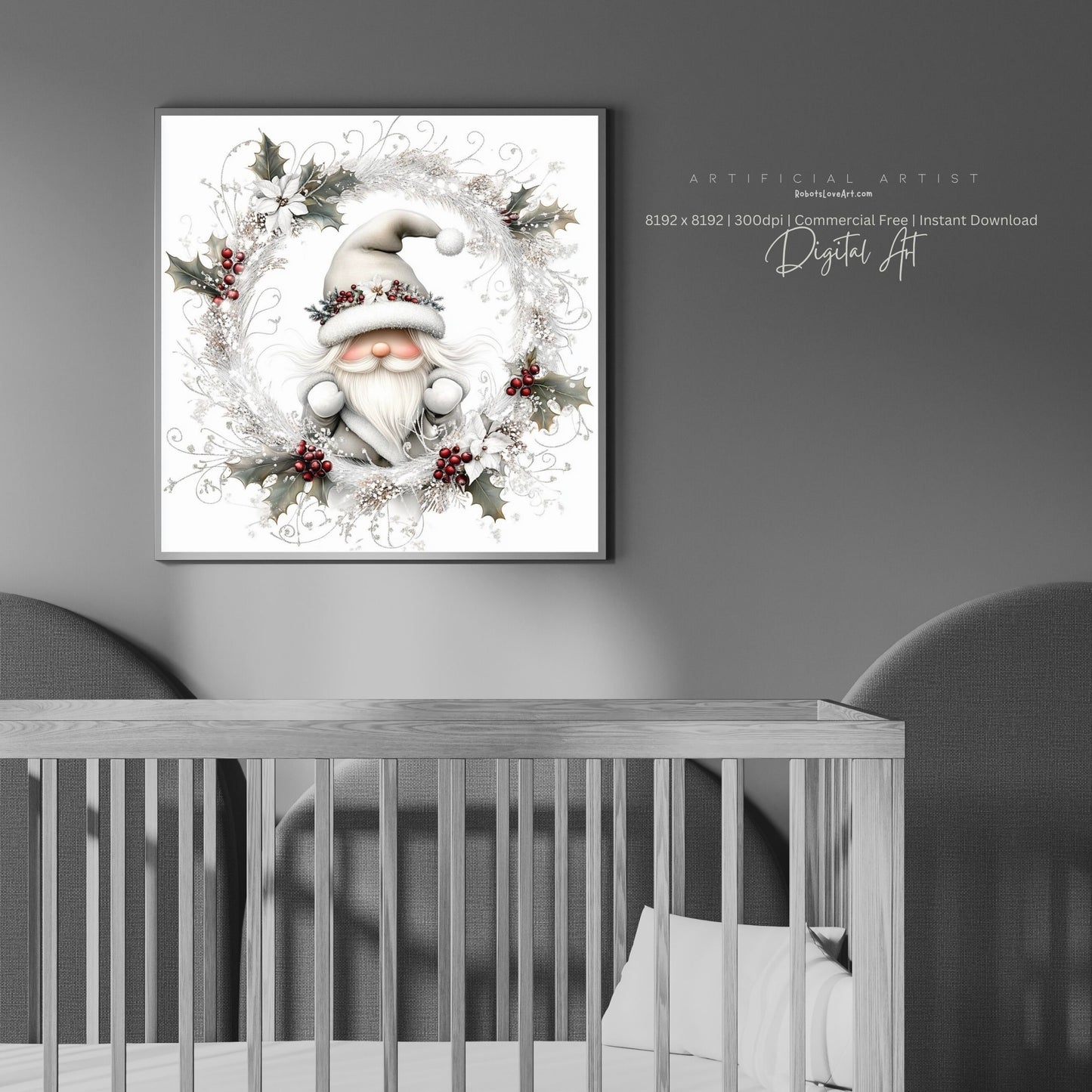 Christmas Gnome Decor| Instant Download | Digital AI Art | Fantasy White Christmas Wall Art