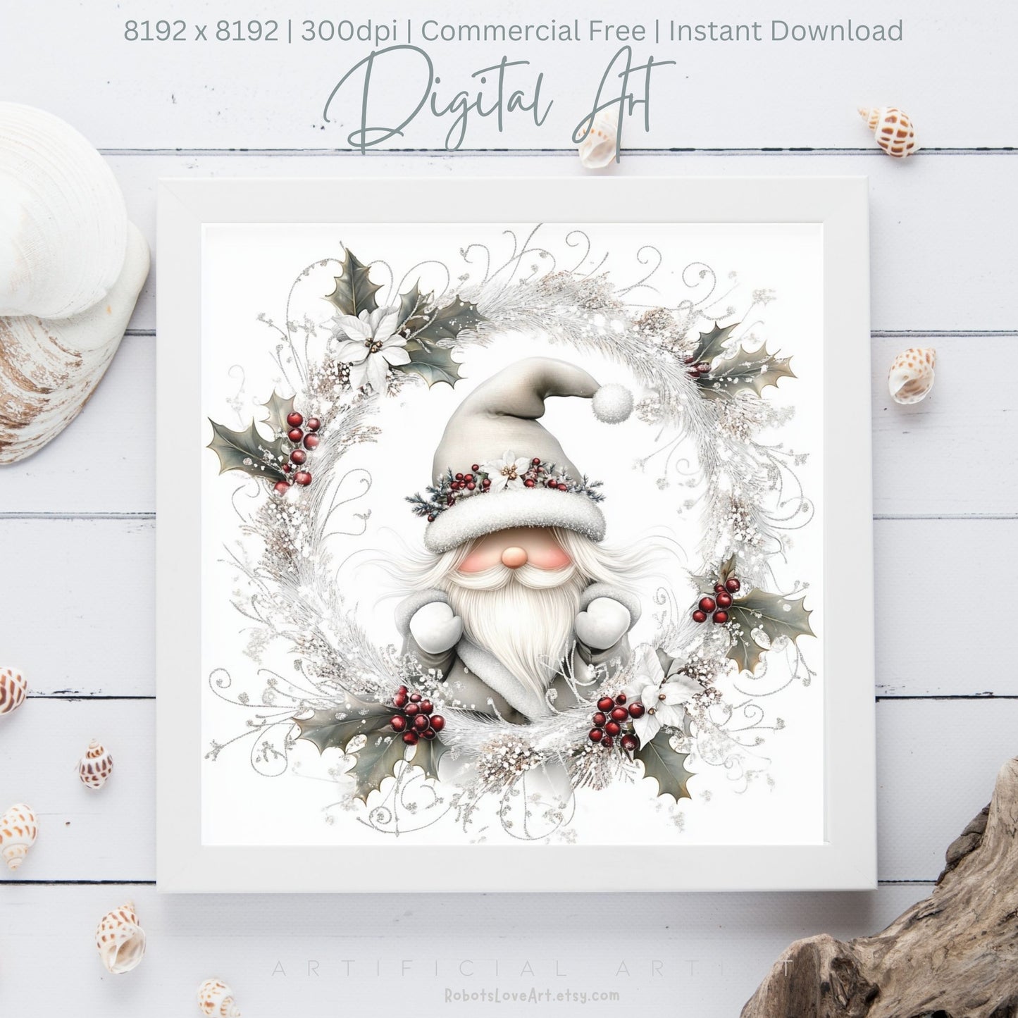 Christmas Gnome Decor| Instant Download | Digital AI Art | Fantasy White Christmas Wall Art