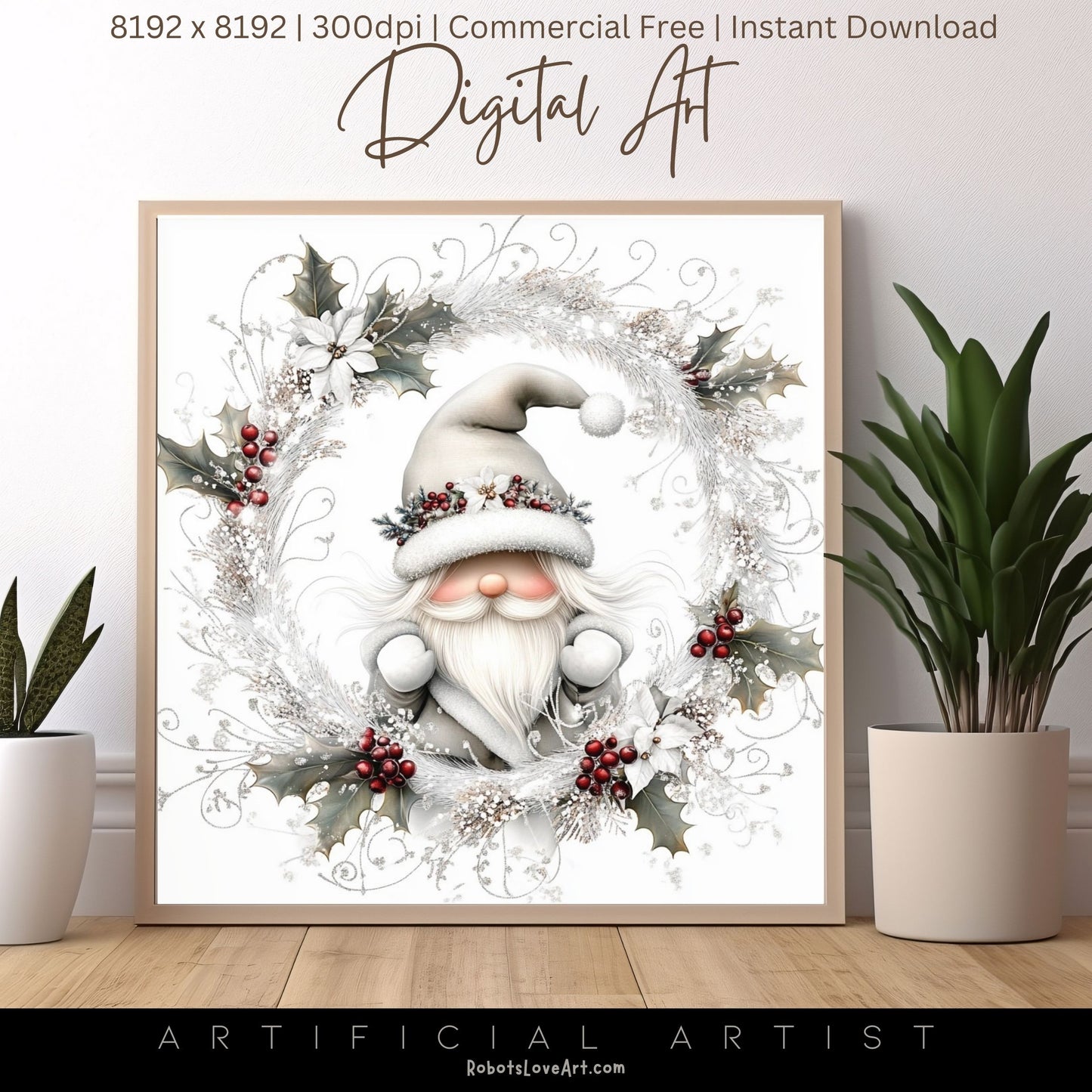 Christmas Gnome Decor| Instant Download | Digital AI Art | Fantasy White Christmas Wall Art