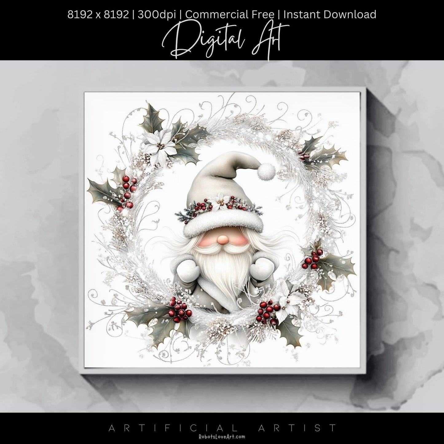 Christmas Gnome Decor| Instant Download | Digital AI Art | Fantasy White Christmas Wall Art