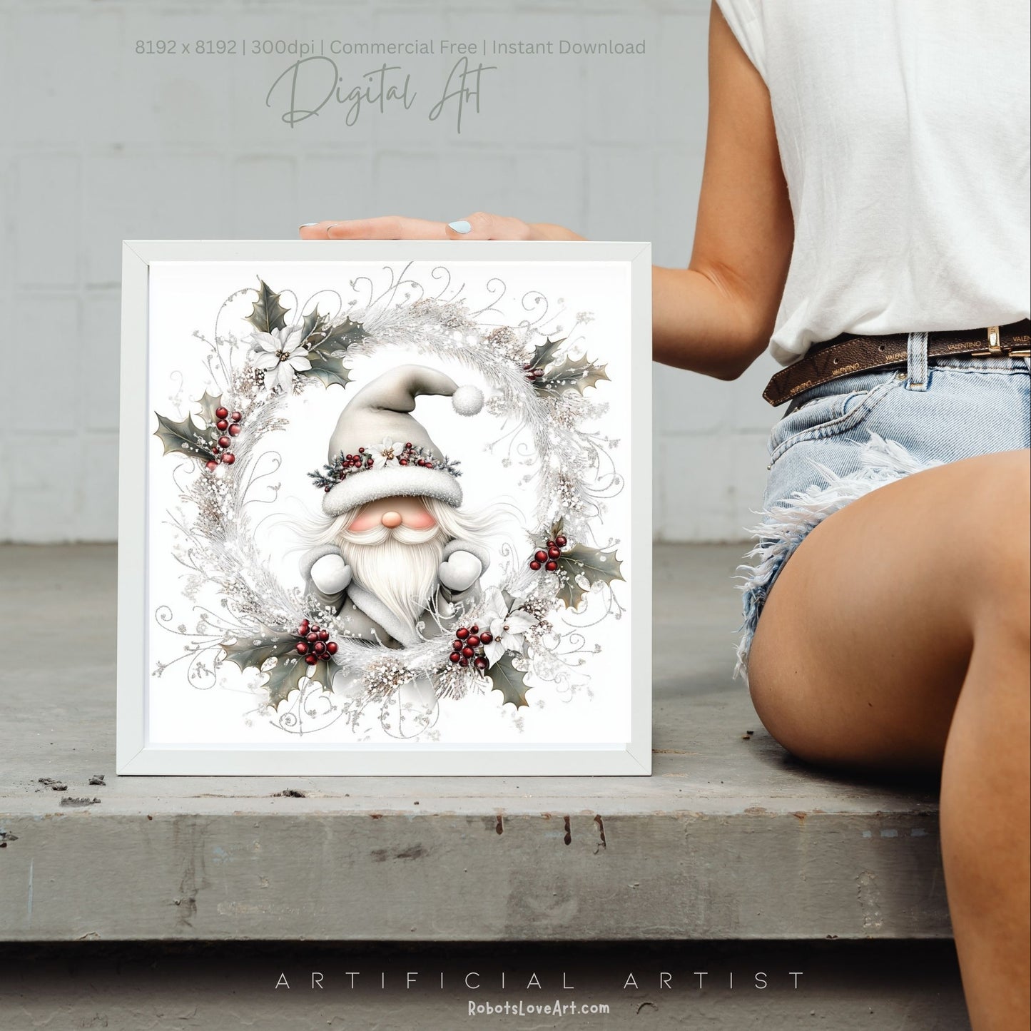 Christmas Gnome Decor| Instant Download | Digital AI Art | Fantasy White Christmas Wall Art