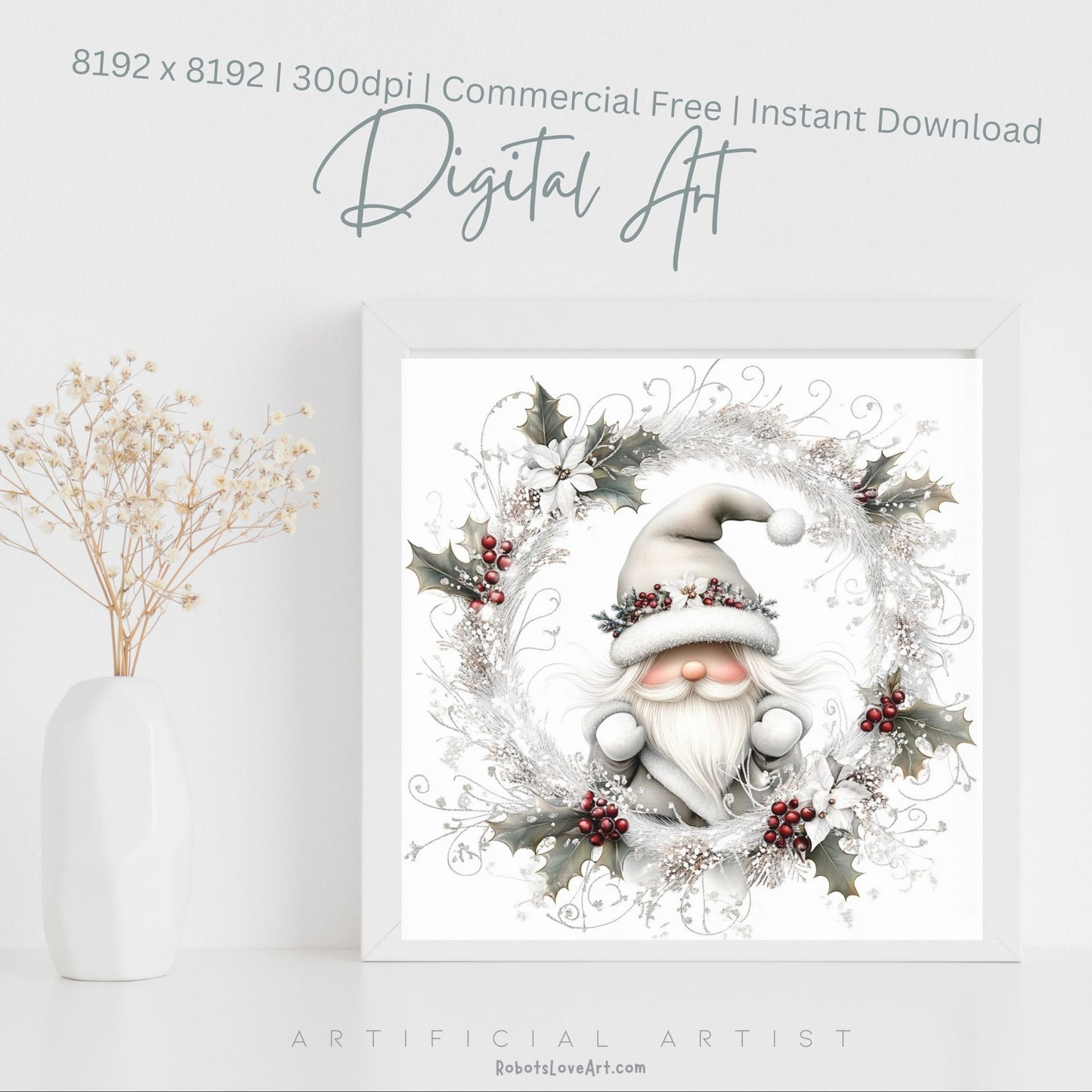 Christmas Gnome Decor| Instant Download | Digital AI Art | Fantasy White Christmas Wall Art