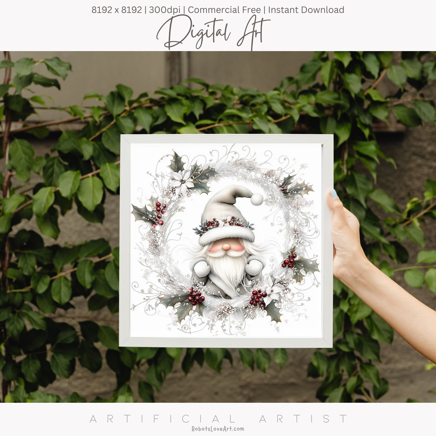 Christmas Gnome Decor| Instant Download | Digital AI Art | Fantasy White Christmas Wall Art