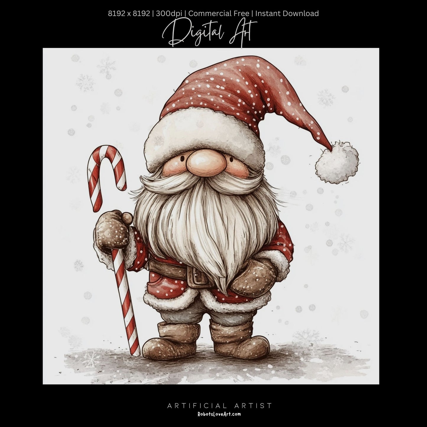 Christmas Cane Gnome Decor| Instant Download | Digital AI Art | Fantasy Wall Art