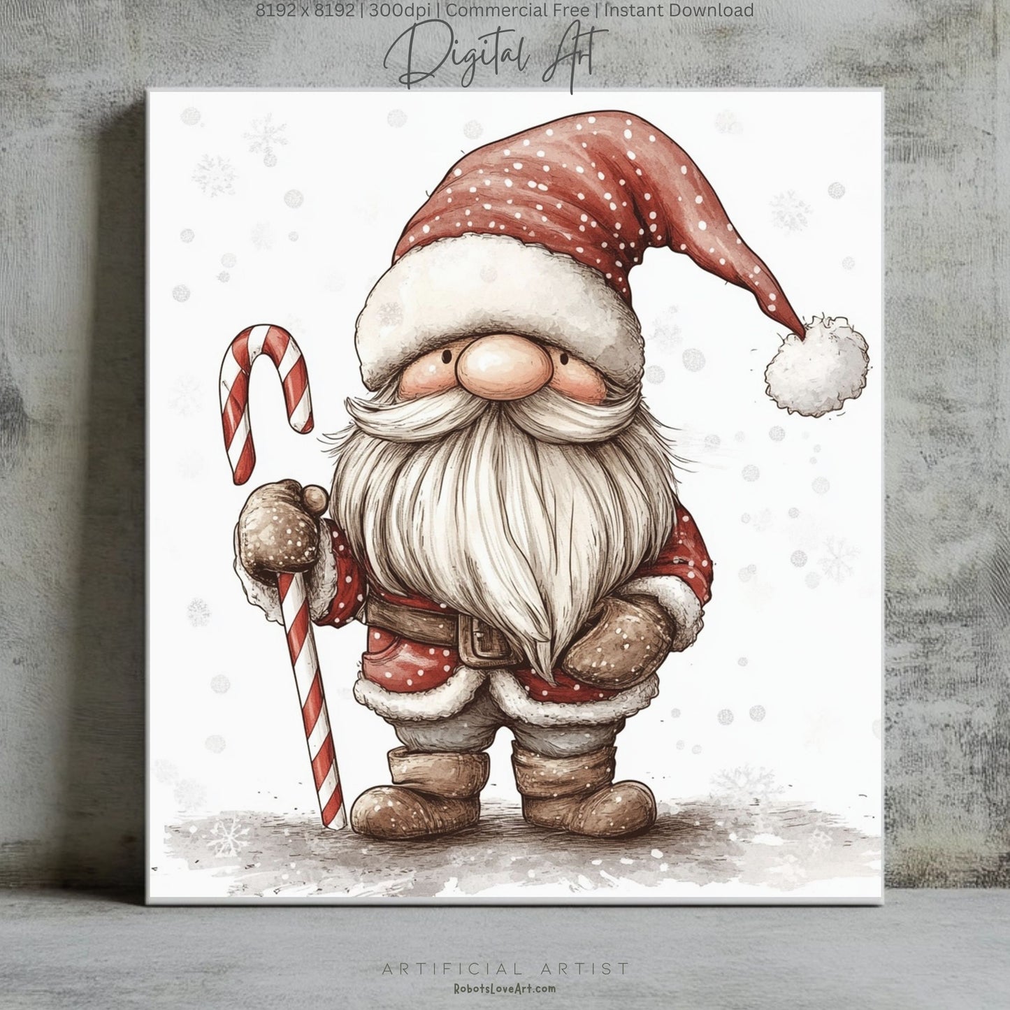 Christmas Cane Gnome Decor| Instant Download | Digital AI Art | Fantasy Wall Art