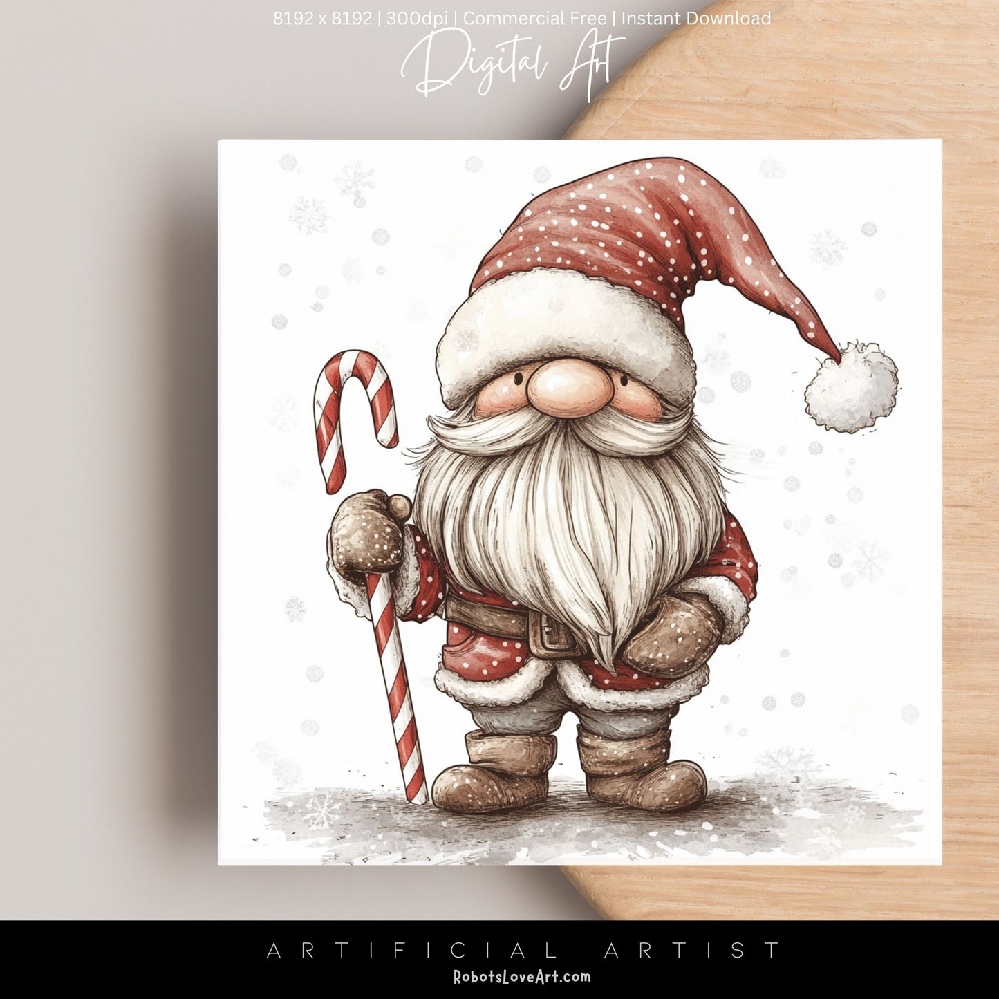 Christmas Cane Gnome Decor| Instant Download | Digital AI Art | Fantasy Wall Art