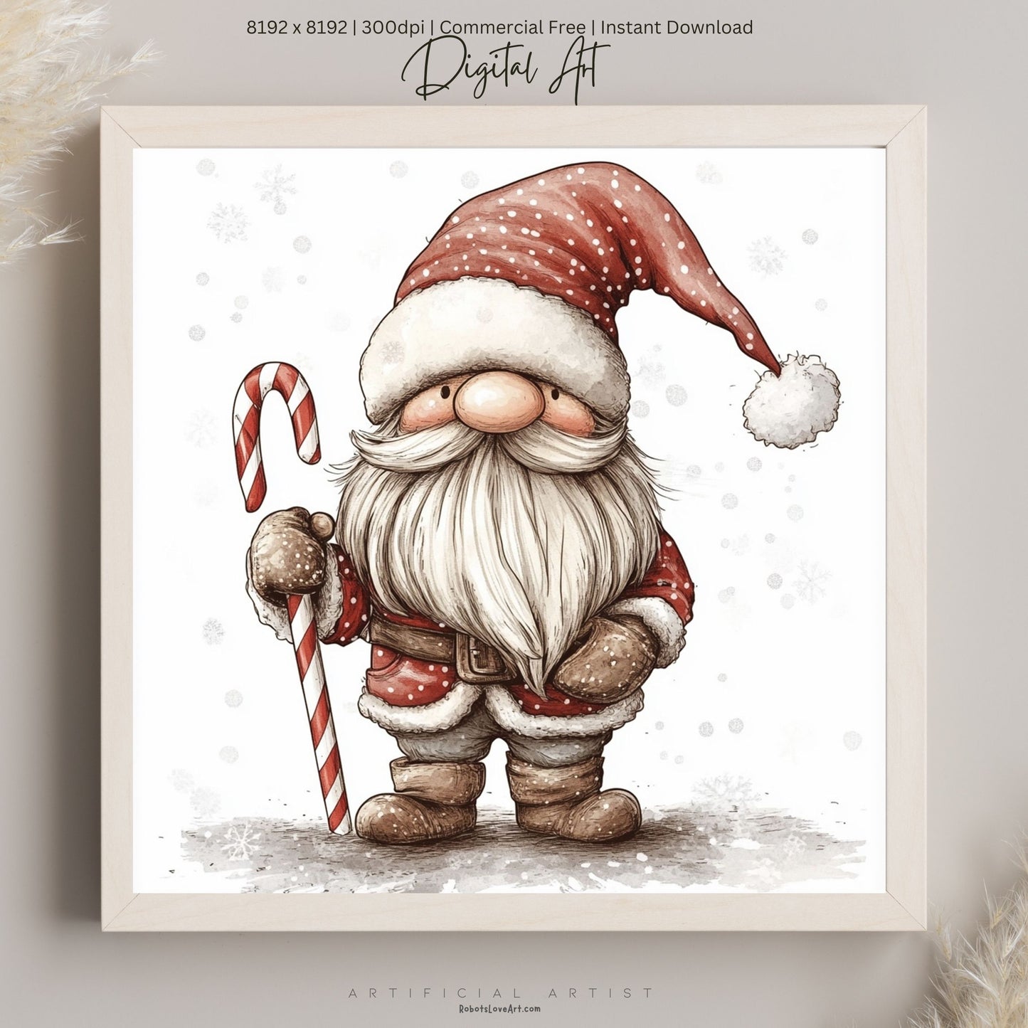 Christmas Cane Gnome Decor| Instant Download | Digital AI Art | Fantasy Wall Art