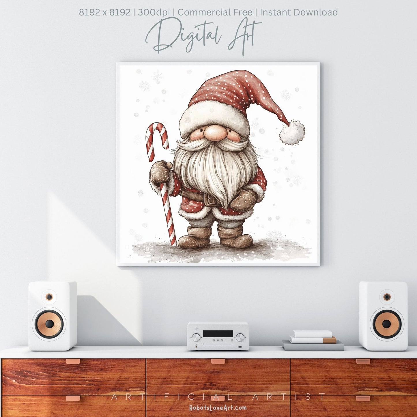 Christmas Cane Gnome Decor| Instant Download | Digital AI Art | Fantasy Wall Art