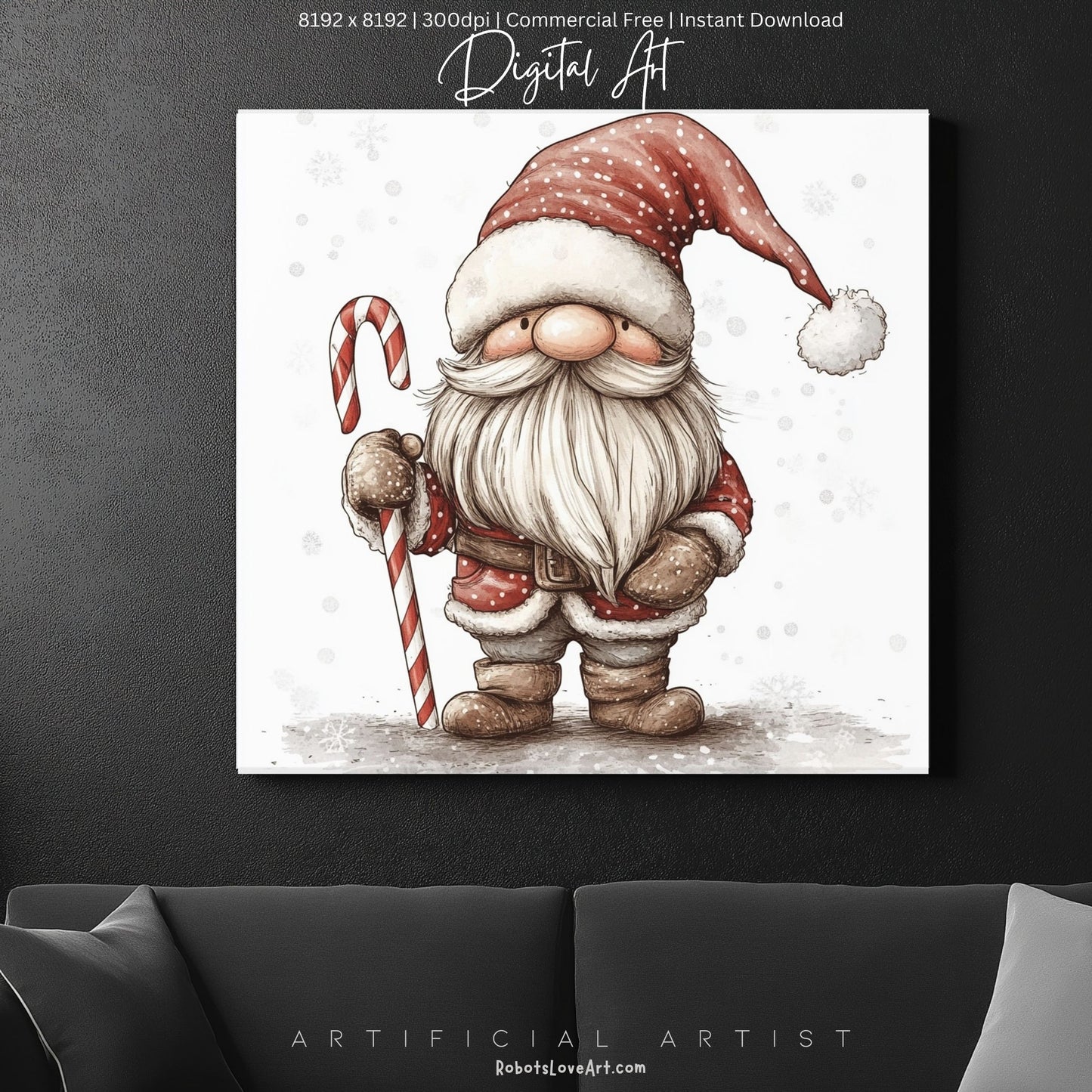 Christmas Cane Gnome Decor| Instant Download | Digital AI Art | Fantasy Wall Art