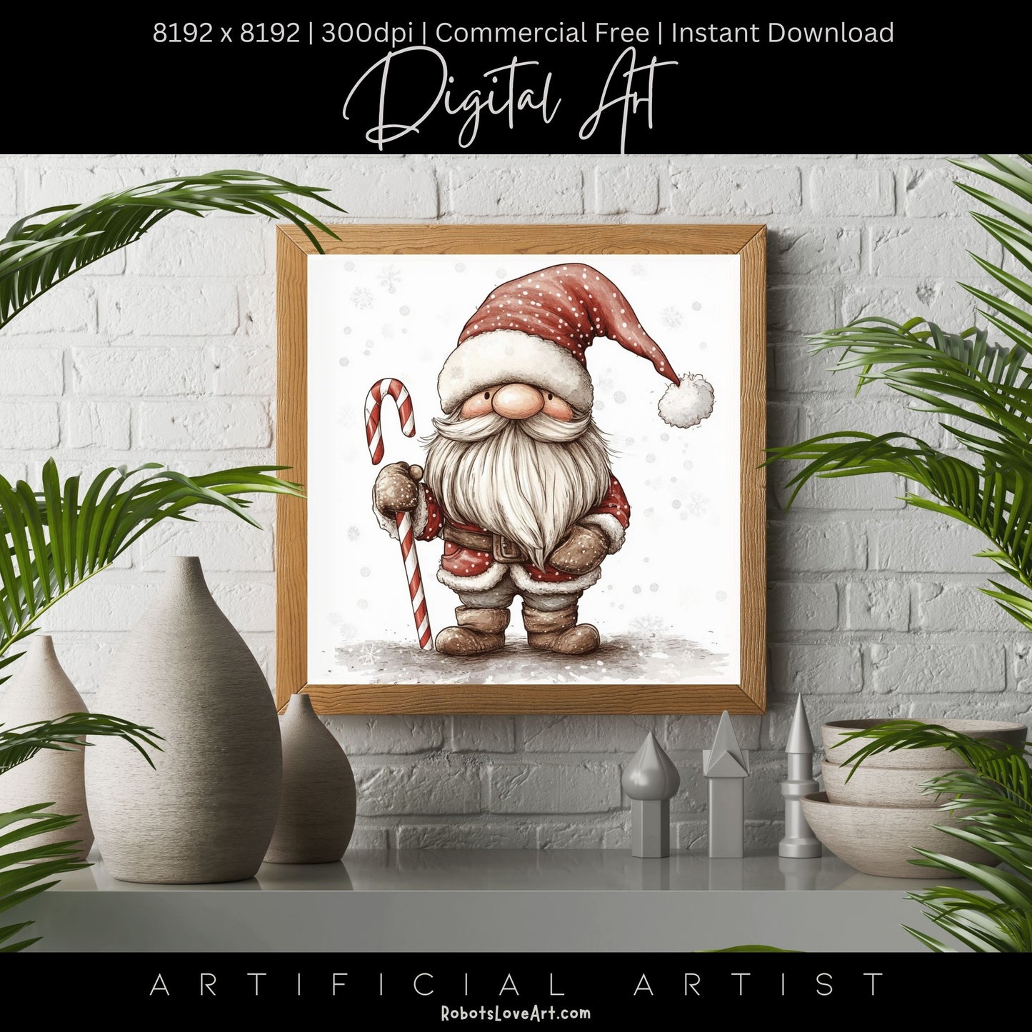 Christmas Cane Gnome Decor| Instant Download | Digital AI Art | Fantasy Wall Art