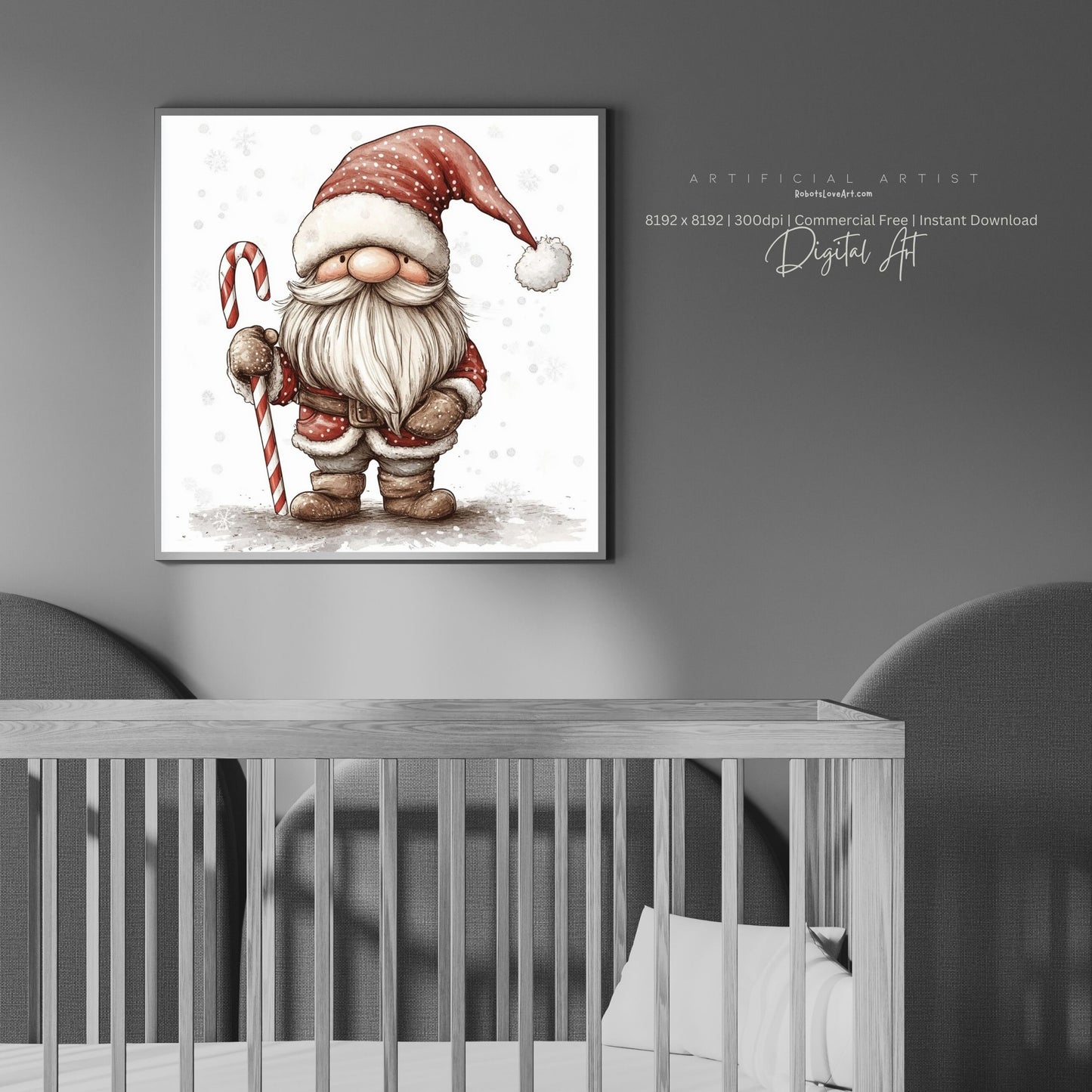 Christmas Cane Gnome Decor| Instant Download | Digital AI Art | Fantasy Wall Art