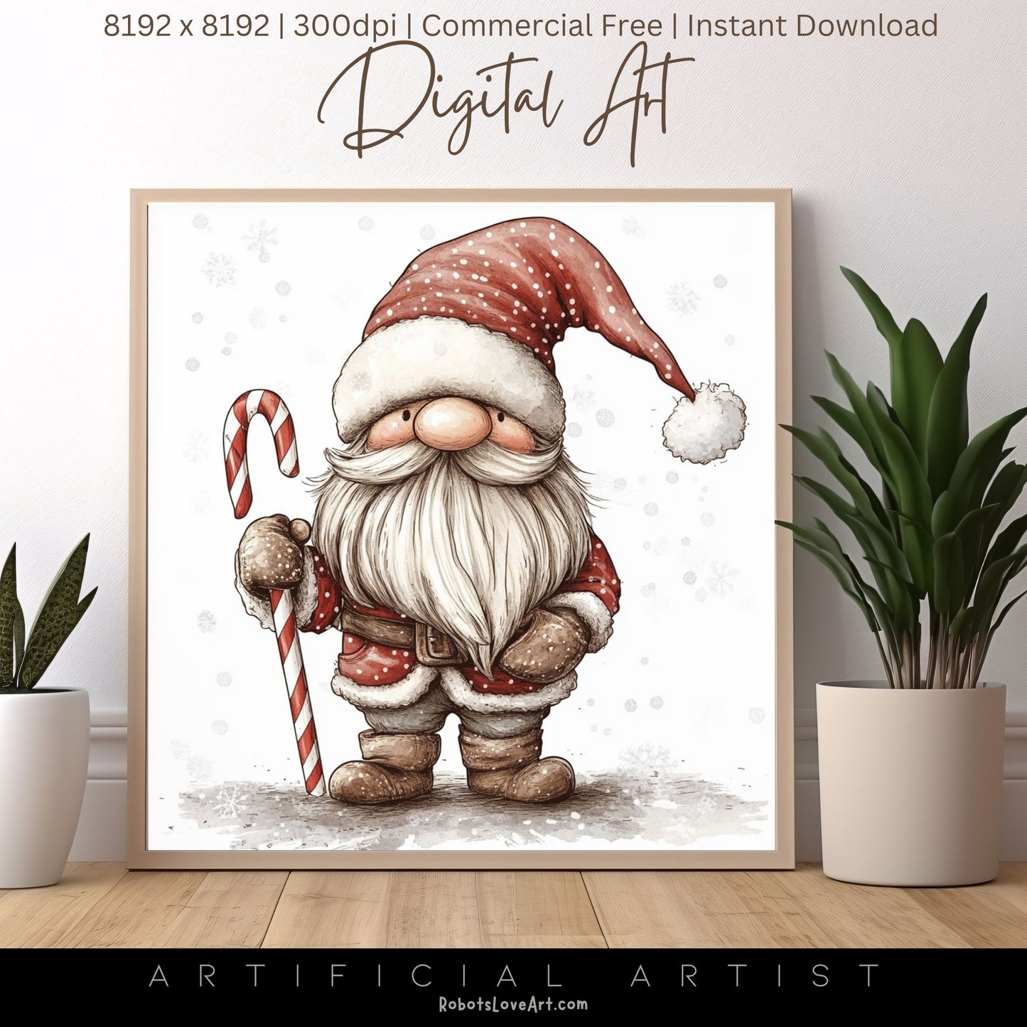 Christmas Cane Gnome Decor| Instant Download | Digital AI Art | Fantasy Wall Art