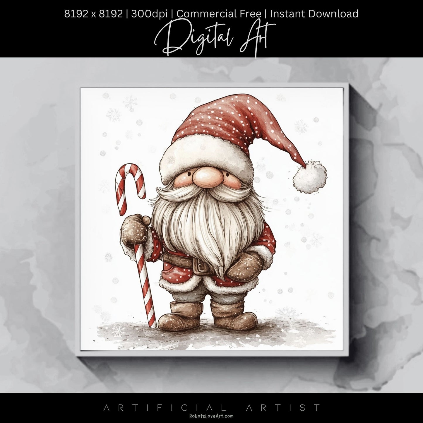 Christmas Cane Gnome Decor| Instant Download | Digital AI Art | Fantasy Wall Art