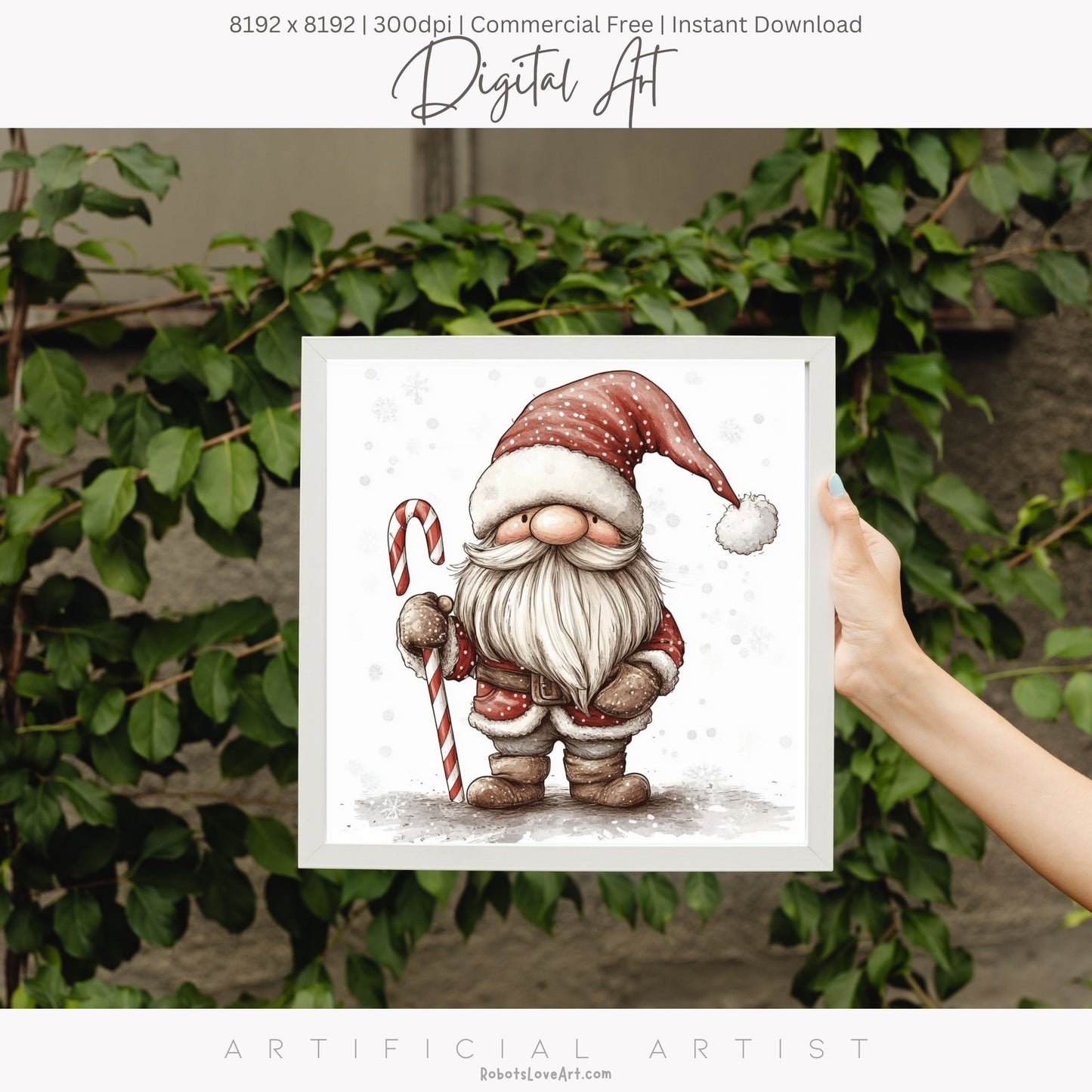 Christmas Cane Gnome Decor| Instant Download | Digital AI Art | Fantasy Wall Art