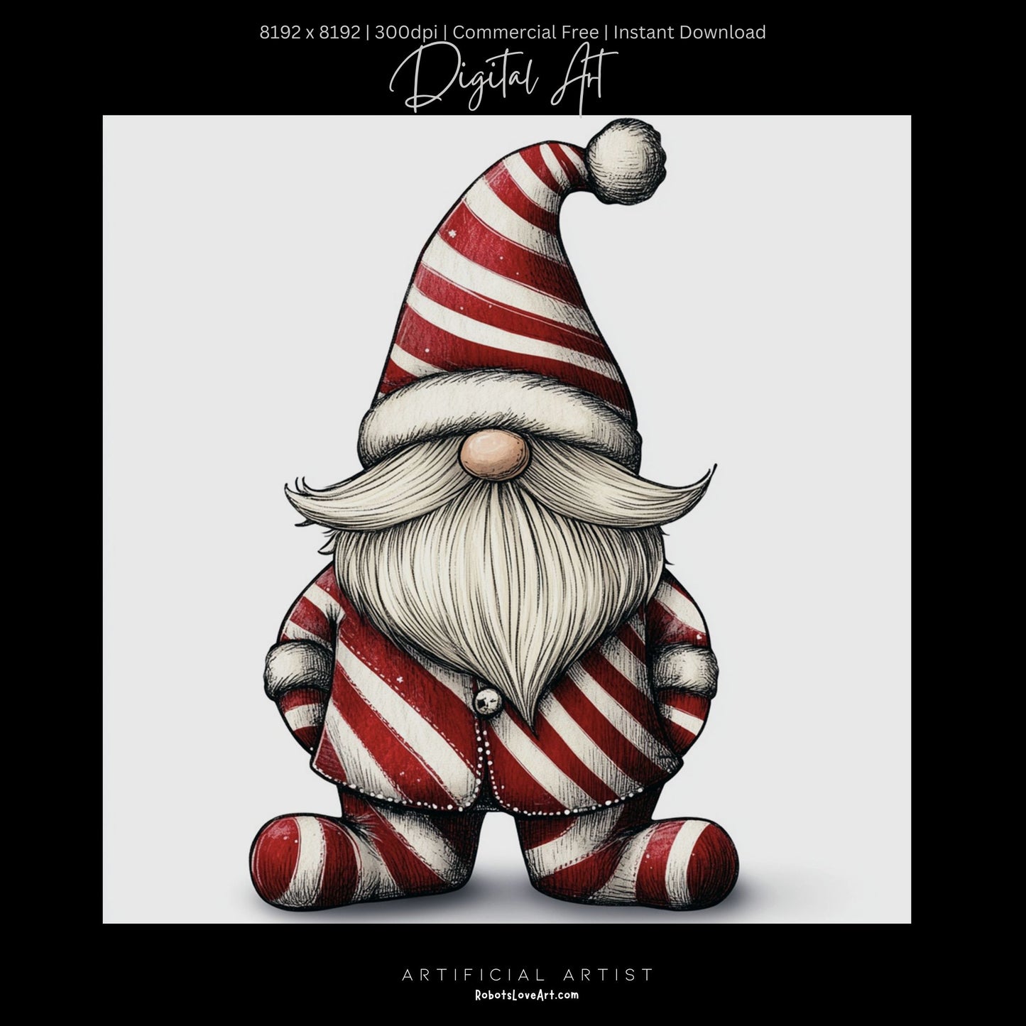 Christmas Cane Gnome Suit | Instant Download | Digital AI Art | Festive Gnome Wall Art