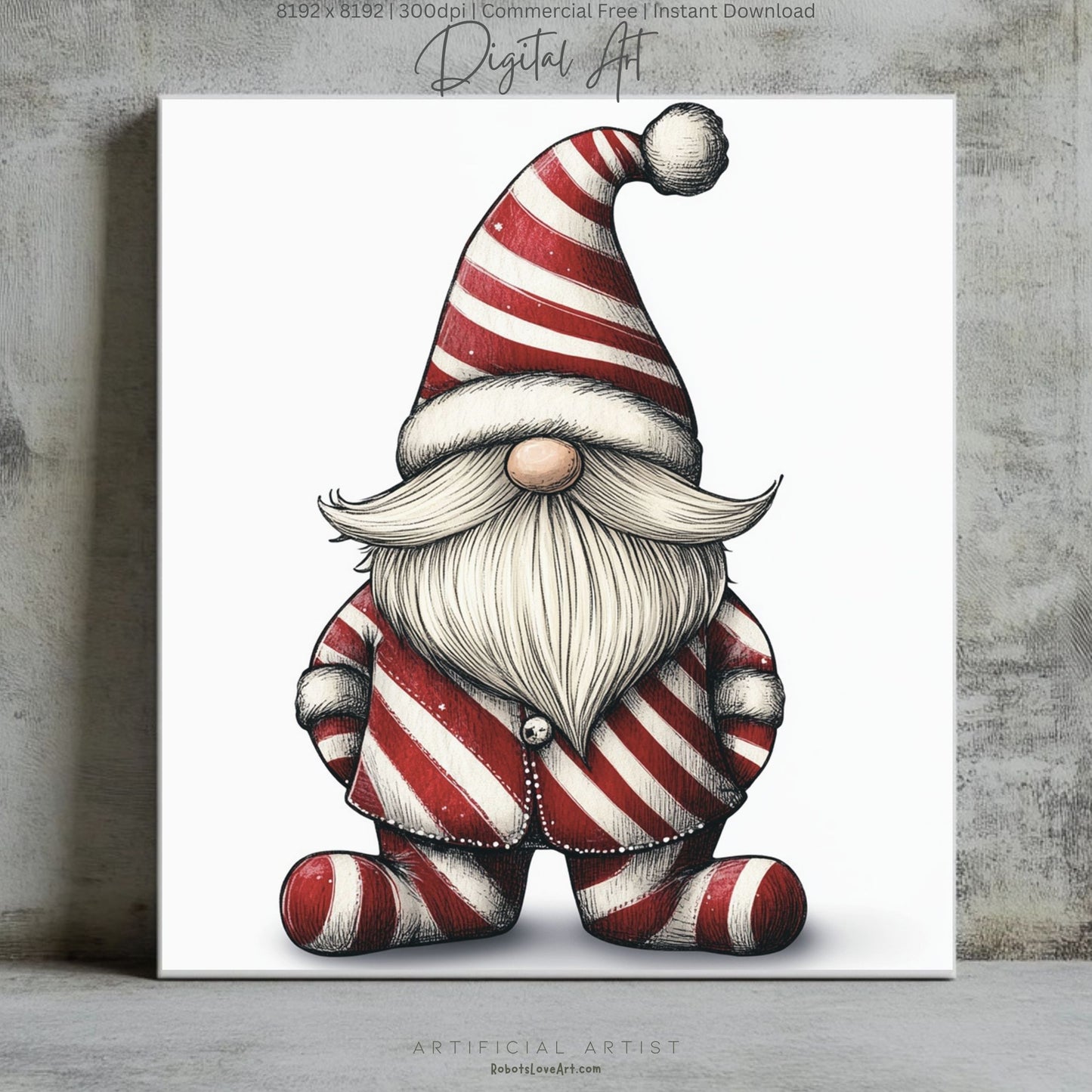 Christmas Cane Gnome Suit | Instant Download | Digital AI Art | Festive Gnome Wall Art