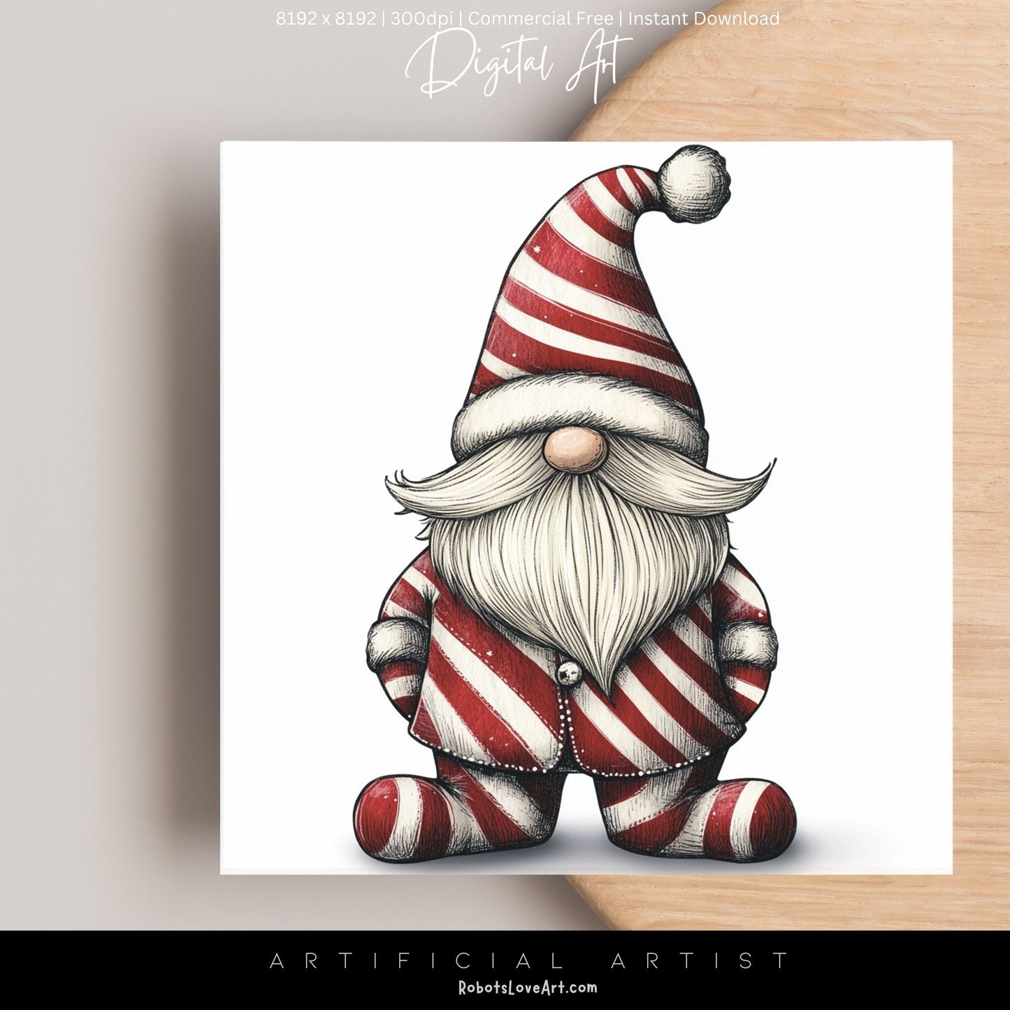 Christmas Cane Gnome Suit | Instant Download | Digital AI Art | Festive Gnome Wall Art