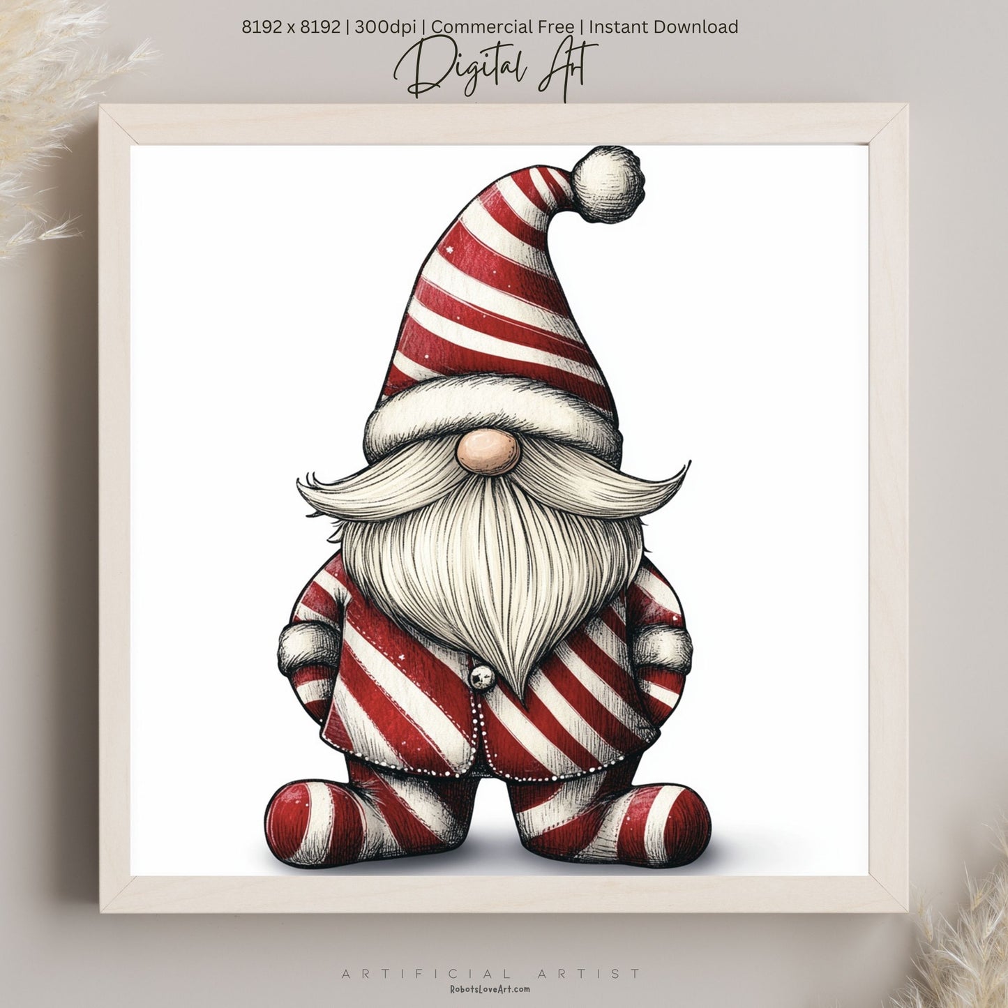 Christmas Cane Gnome Suit | Instant Download | Digital AI Art | Festive Gnome Wall Art