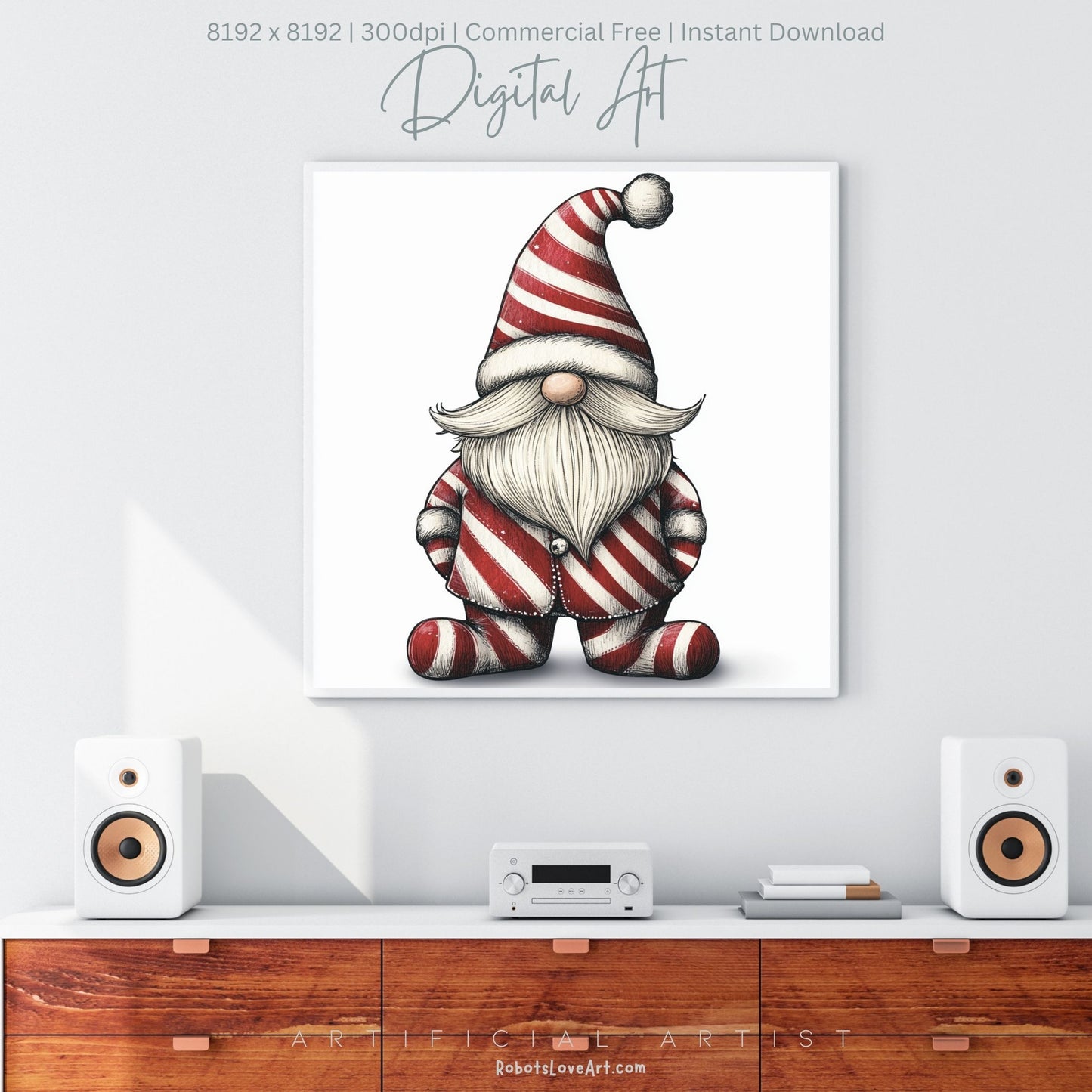 Christmas Cane Gnome Suit | Instant Download | Digital AI Art | Festive Gnome Wall Art
