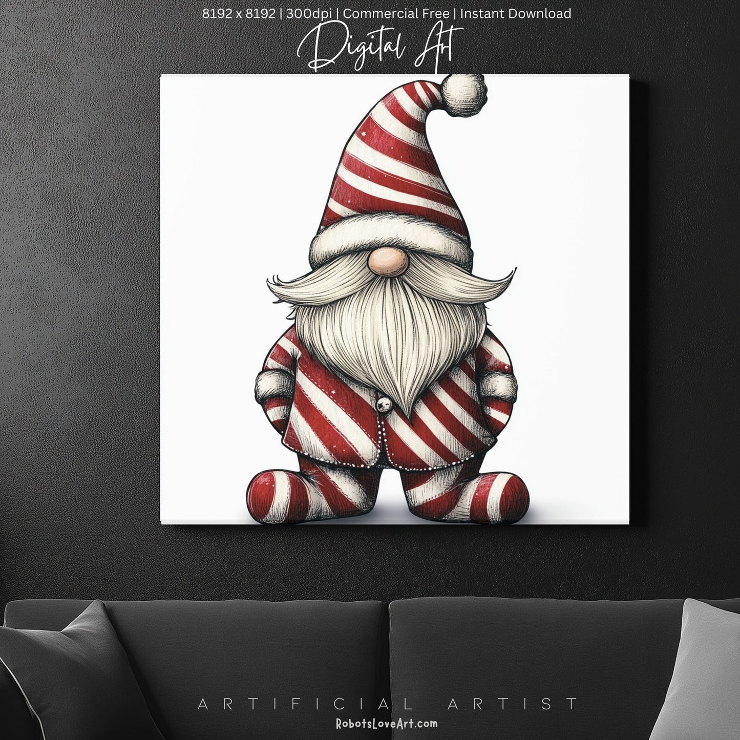 Christmas Cane Gnome Suit | Instant Download | Digital AI Art | Festive Gnome Wall Art