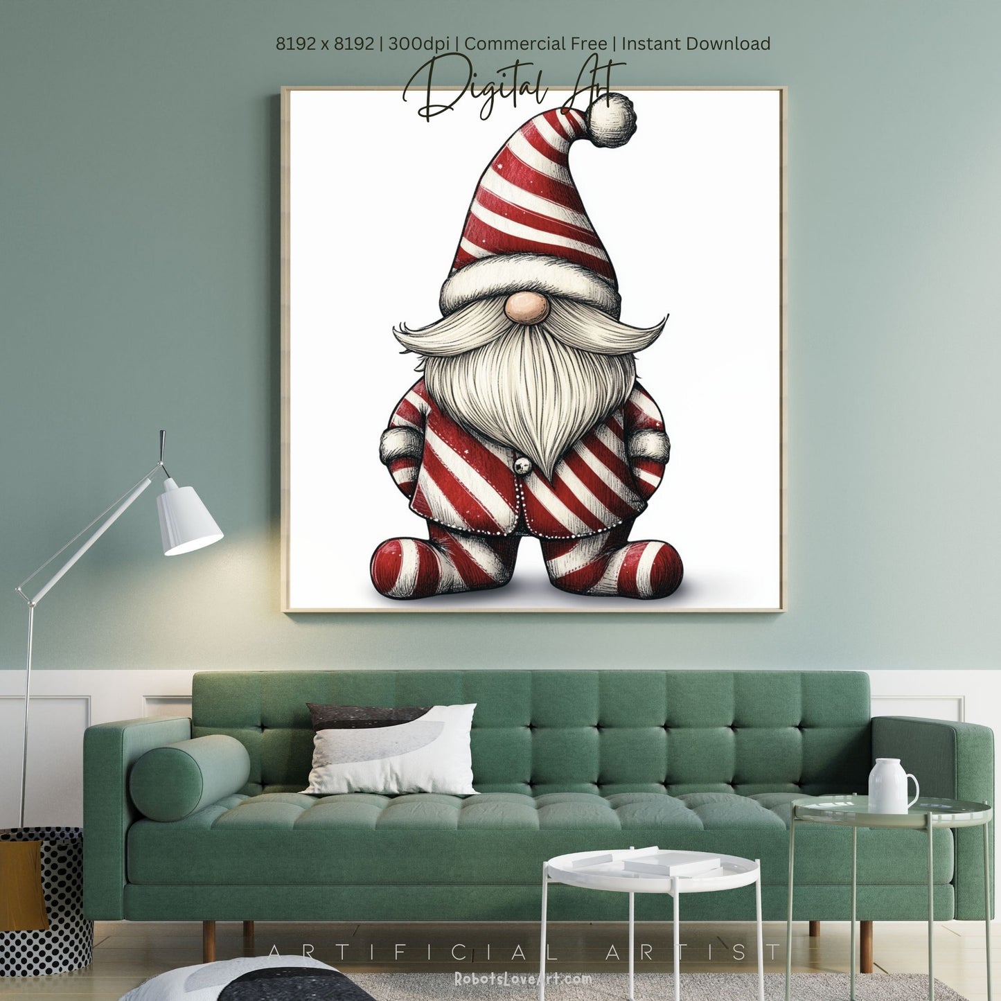 Christmas Cane Gnome Suit | Instant Download | Digital AI Art | Festive Gnome Wall Art
