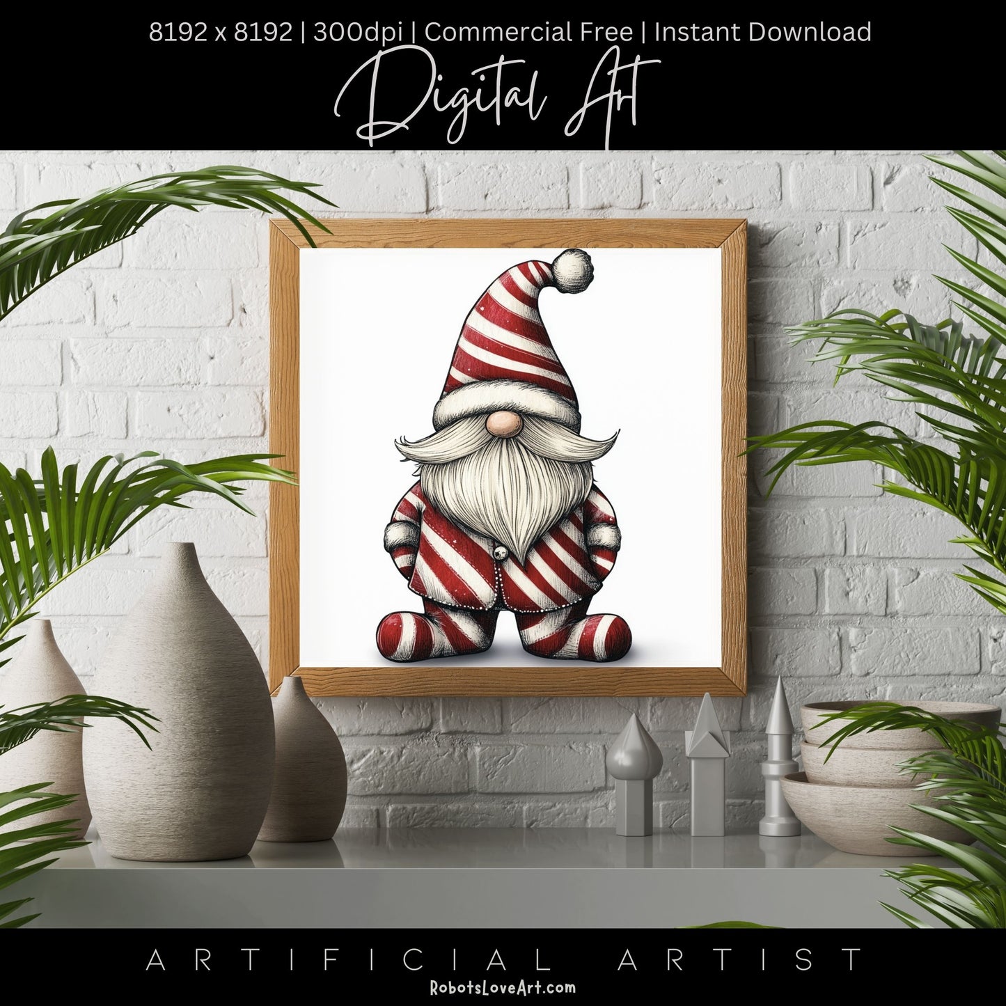 Christmas Cane Gnome Suit | Instant Download | Digital AI Art | Festive Gnome Wall Art