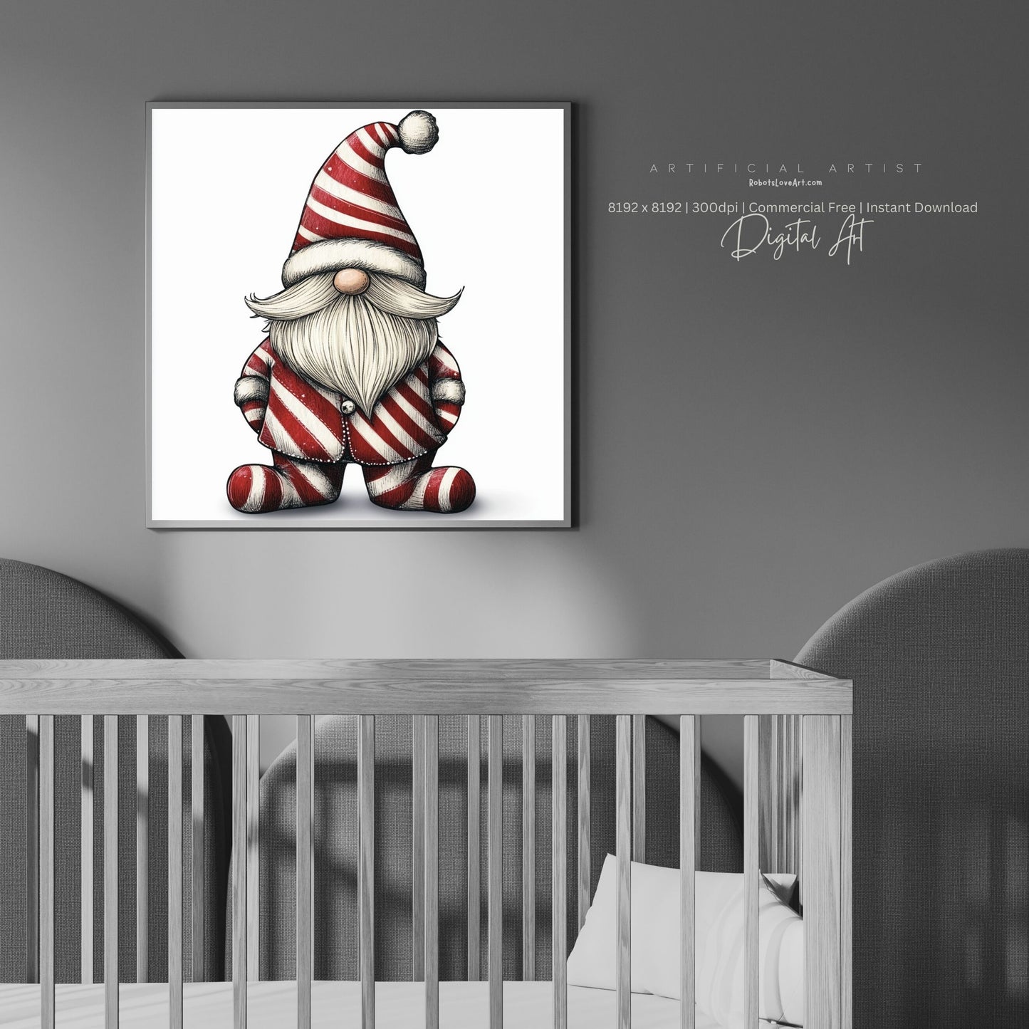 Christmas Cane Gnome Suit | Instant Download | Digital AI Art | Festive Gnome Wall Art